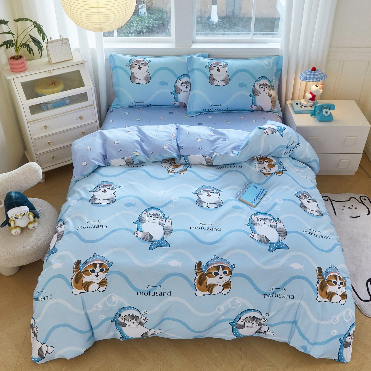 91家纺网 家纺一手货源 找家纺 （总）蘭菲家纺 2026新款全棉大版鲨鱼猫套件-猫福系列四件套