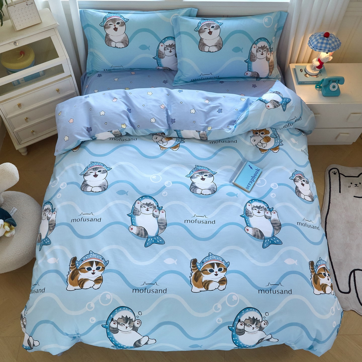 91家纺网 家纺一手货源 找家纺 （总）蘭菲家纺 2026新款全棉大版鲨鱼猫套件-猫福系列四件套