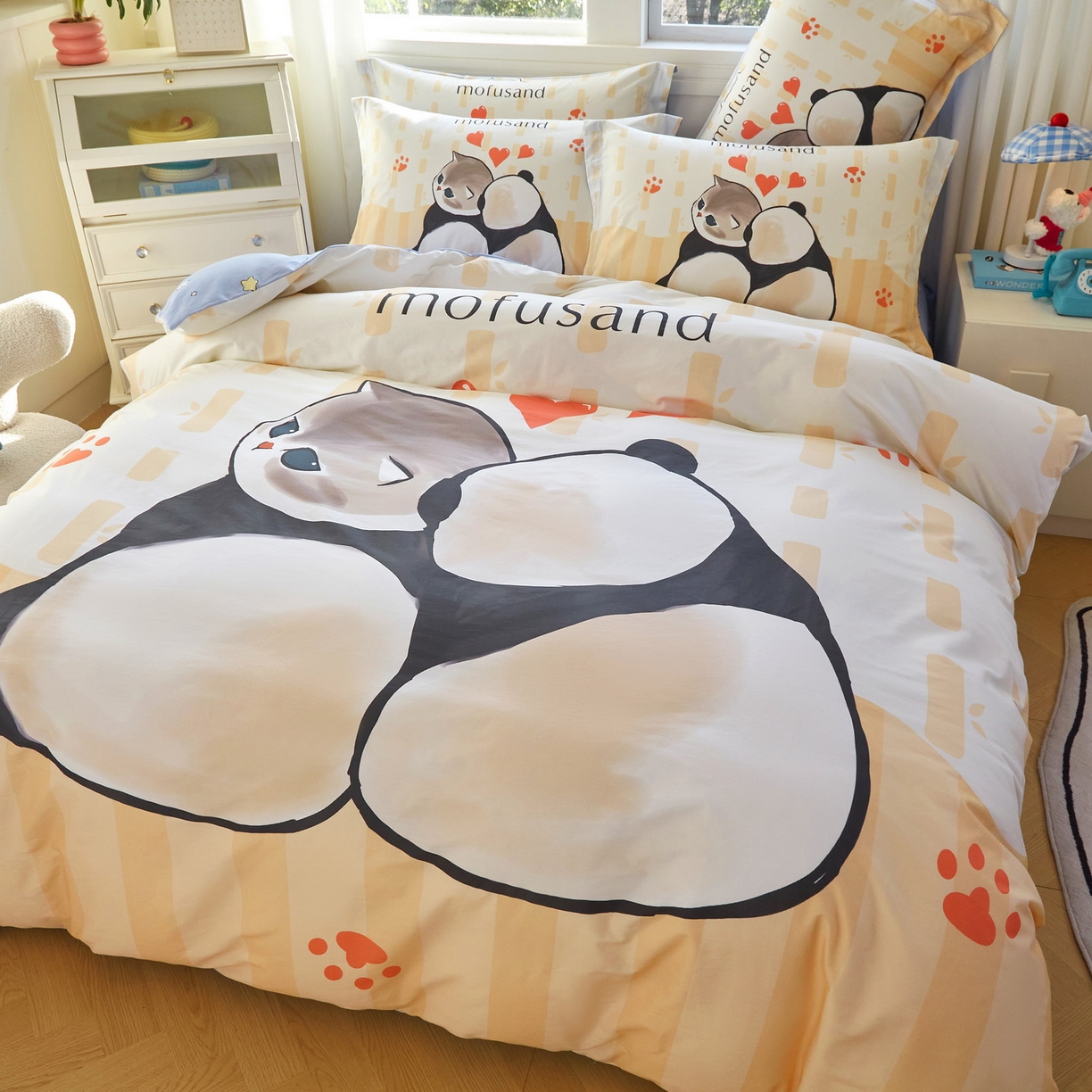 91家纺网 家纺一手货源 找家纺 蘭菲家纺 2026新款全棉大版鲨鱼猫套件-猫福系列四件套 珊迪熊-猫福系列