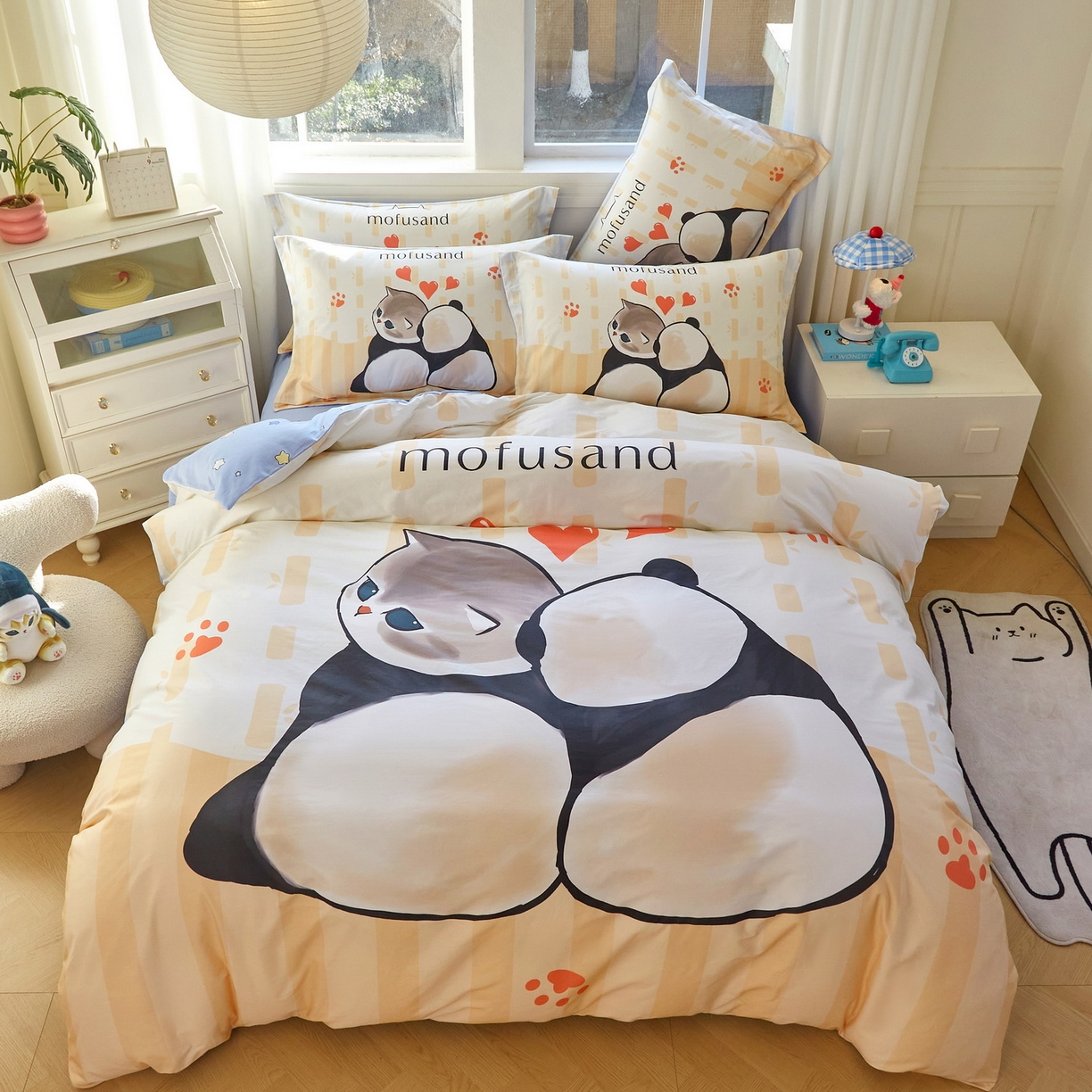 蘭菲家纺 2026新款全棉大版鲨鱼猫套件-猫福系列四件套 珊迪熊-猫福系列