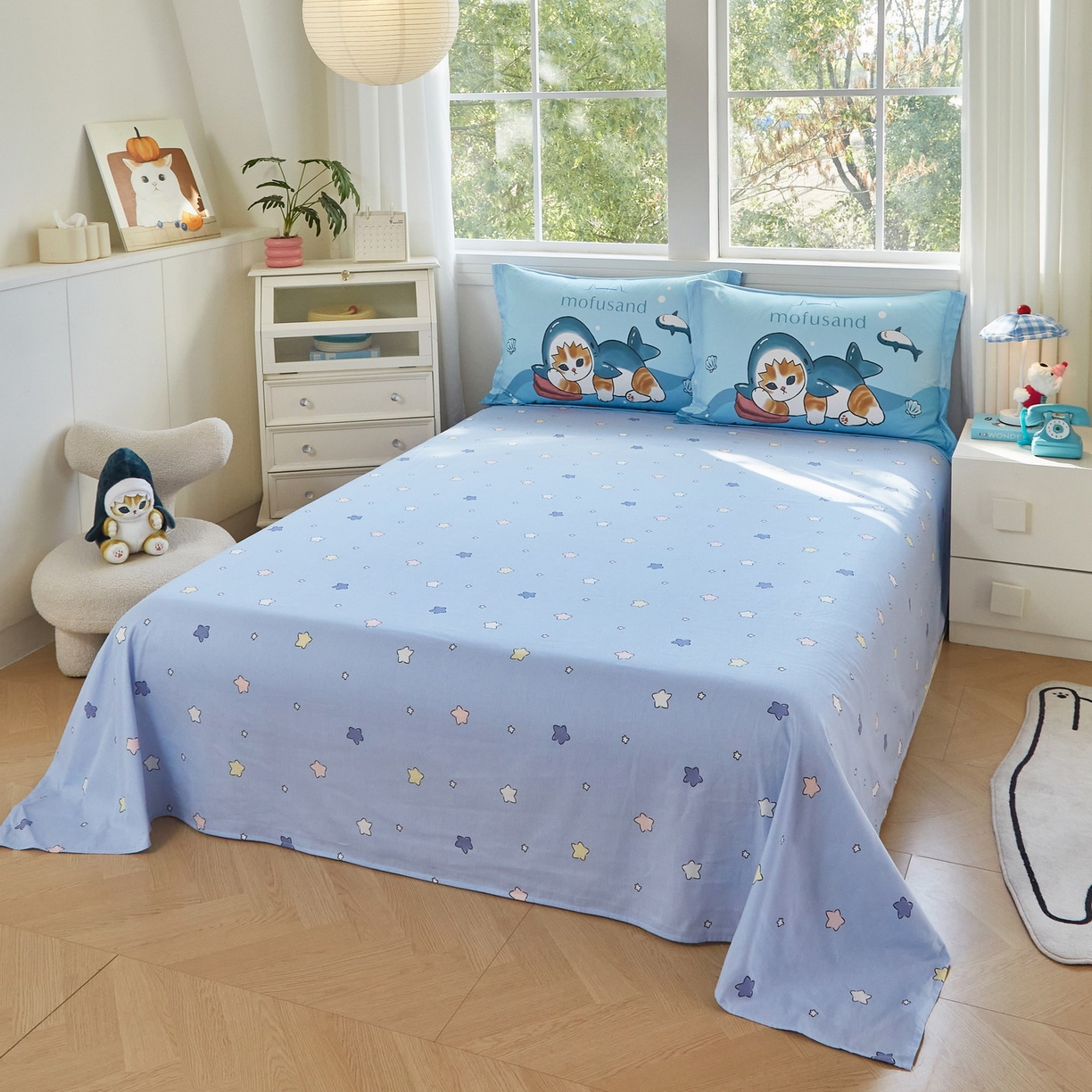 91家纺网 家纺一手货源 找家纺 蘭菲家纺 2026新款全棉大版鲨鱼猫套件-猫福系列四件套 珊迪沙滩季-猫福系列