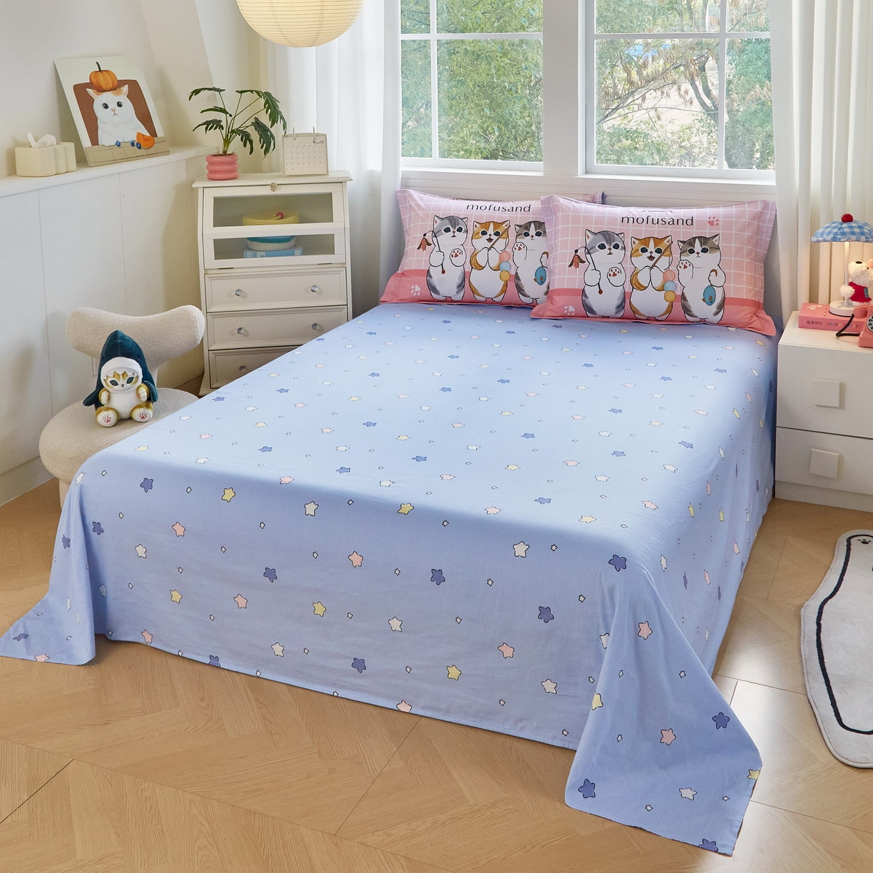 91家纺网 家纺一手货源 找家纺 蘭菲家纺 2026新款全棉大版鲨鱼猫套件-猫福系列四件套 珊迪逛街-猫福系列