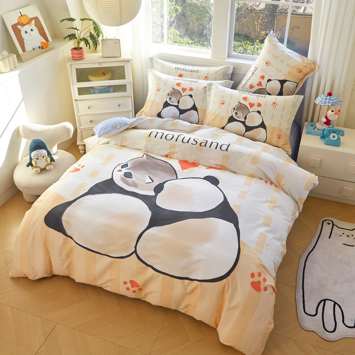 91家纺网 家纺一手货源 找家纺 蘭菲家纺 2026新款全棉大版鲨鱼猫套件-猫福系列四件套 珊迪熊-猫福系列