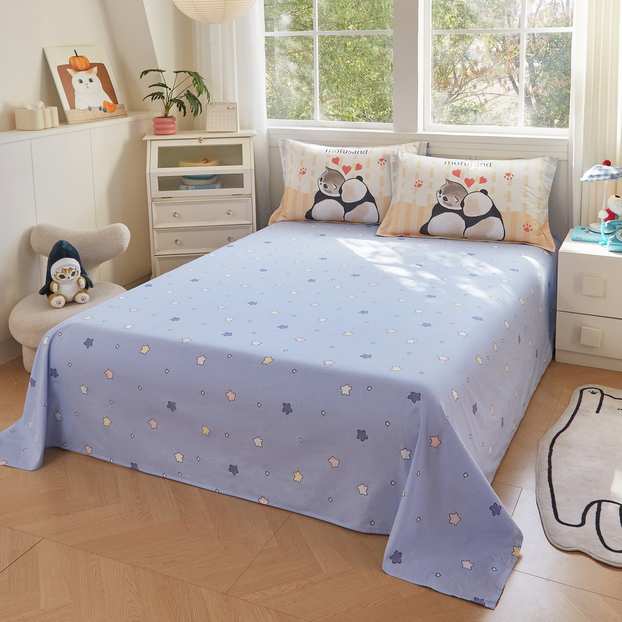 91家纺网 家纺一手货源 找家纺 蘭菲家纺 2026新款全棉大版鲨鱼猫套件-猫福系列四件套 珊迪熊-猫福系列