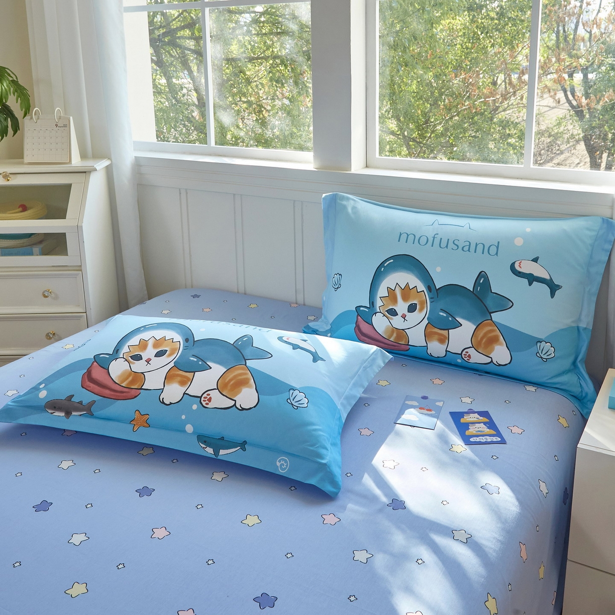 91家纺网 家纺一手货源 找家纺 蘭菲家纺 2026新款全棉大版鲨鱼猫套件-猫福系列四件套 珊迪沙滩季-猫福系列