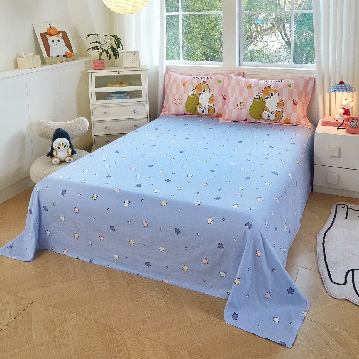 91家纺网 家纺一手货源 找家纺 蘭菲家纺 2026新款全棉大版鲨鱼猫套件-猫福系列四件套 水果珊迪-猫福.系列