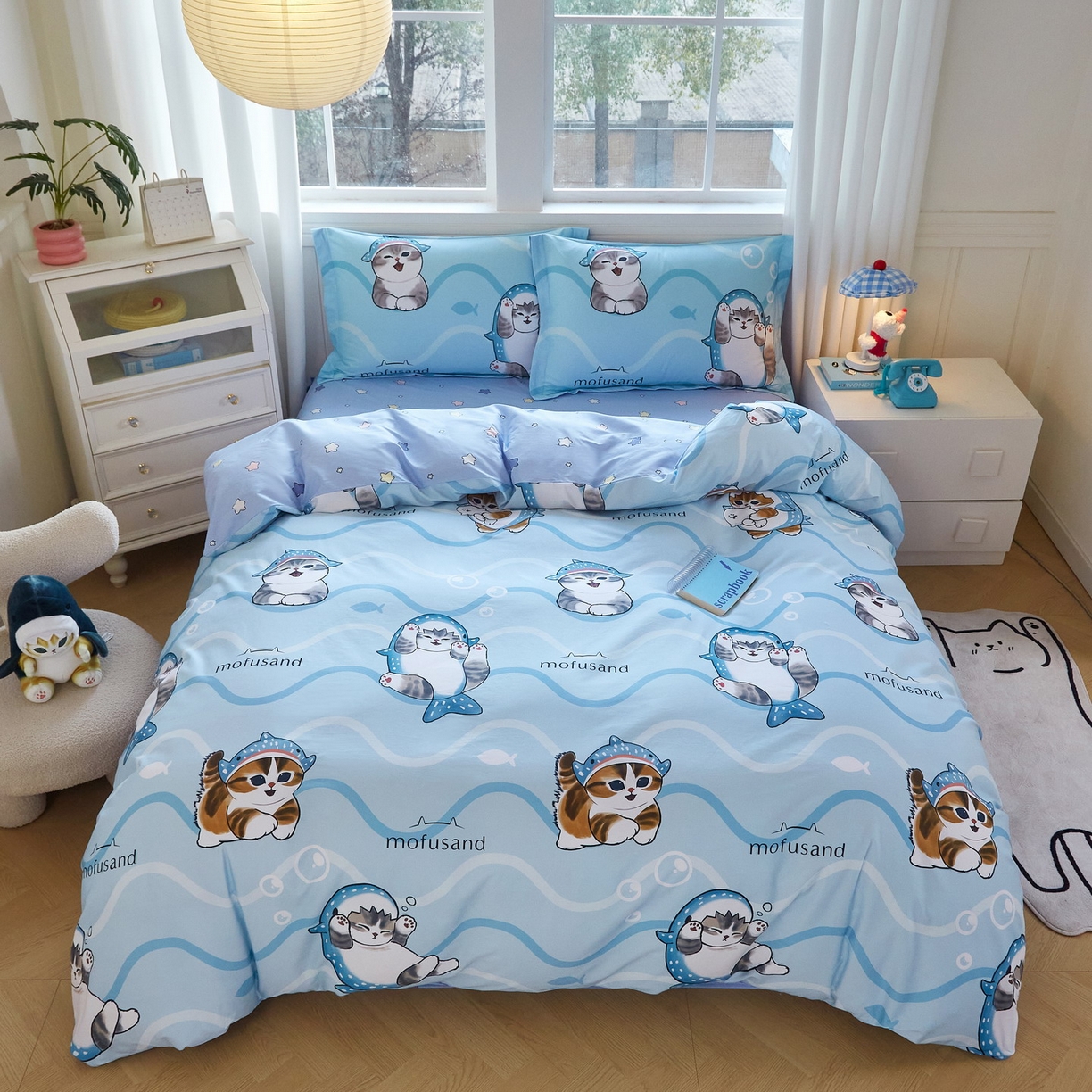 蘭菲家纺 2026新款全棉大版鲨鱼猫套件-猫福系列四件套 珊迪出海-猫福系列