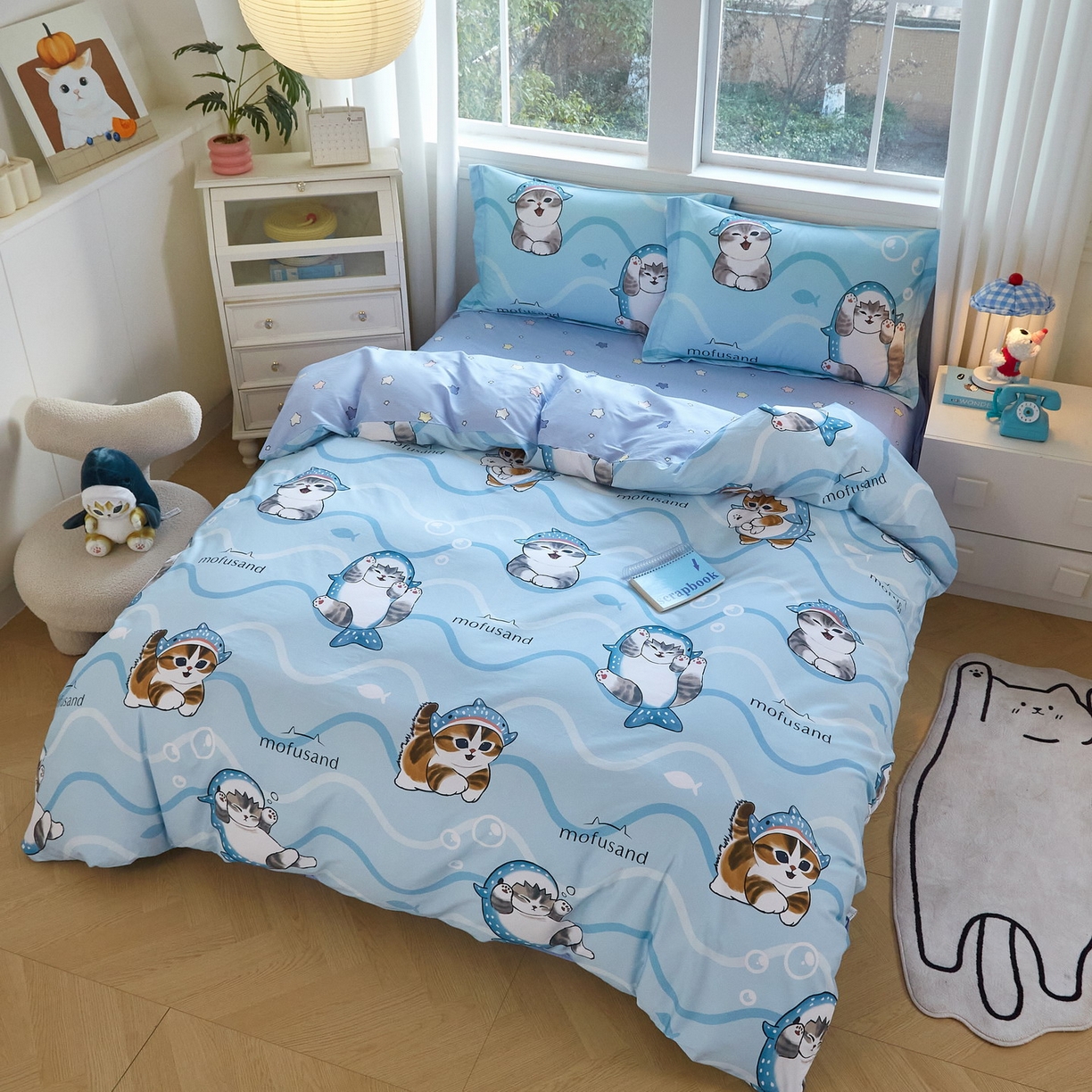 91家纺网 家纺一手货源 找家纺 蘭菲家纺 2026新款全棉大版鲨鱼猫套件-猫福系列四件套 珊迪出海-猫福系列