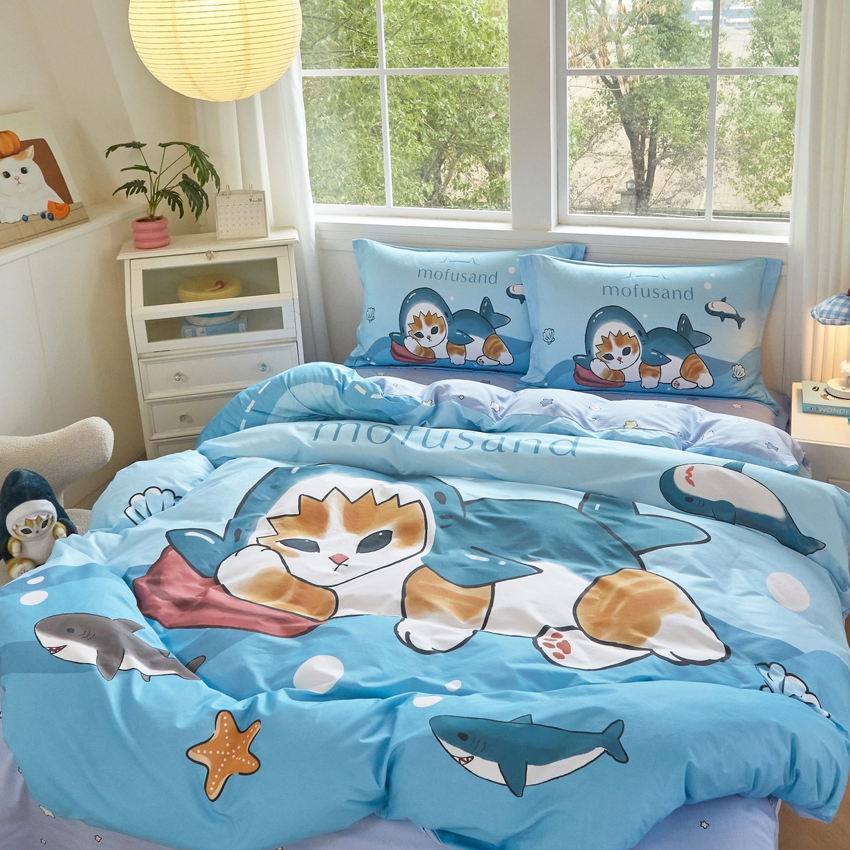 91家纺网 家纺一手货源 找家纺 蘭菲家纺 2026新款全棉大版鲨鱼猫套件-猫福系列四件套 珊迪沙滩季-猫福系列