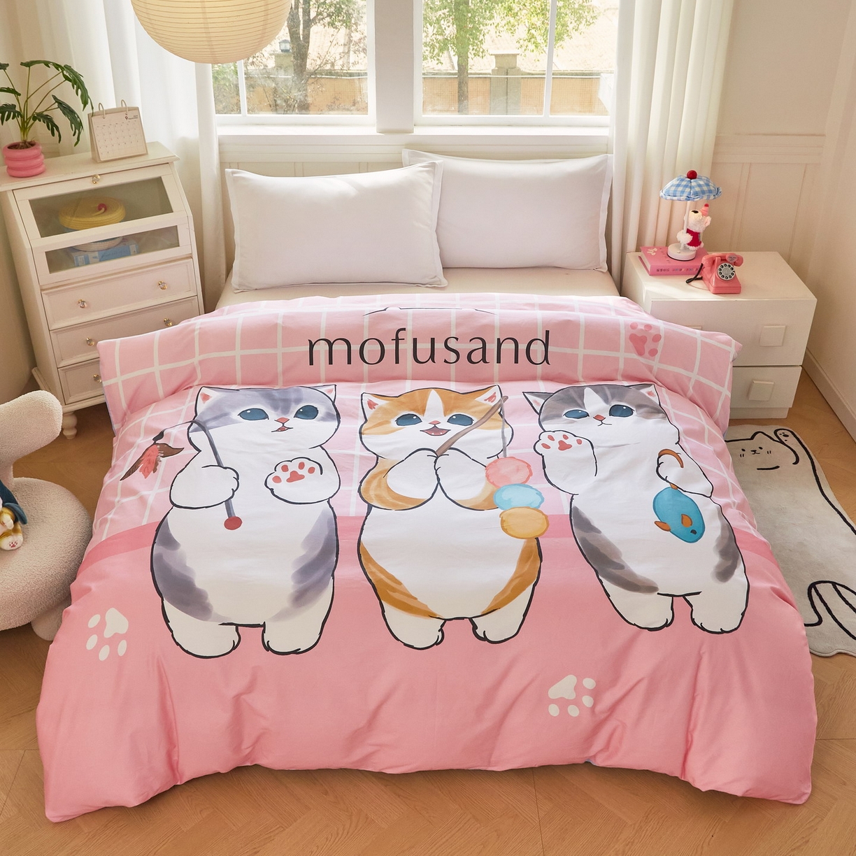 91家纺网 家纺一手货源 找家纺 （总）蘭菲家纺 2026新款全棉大版鲨鱼猫套件-猫福系列单被套