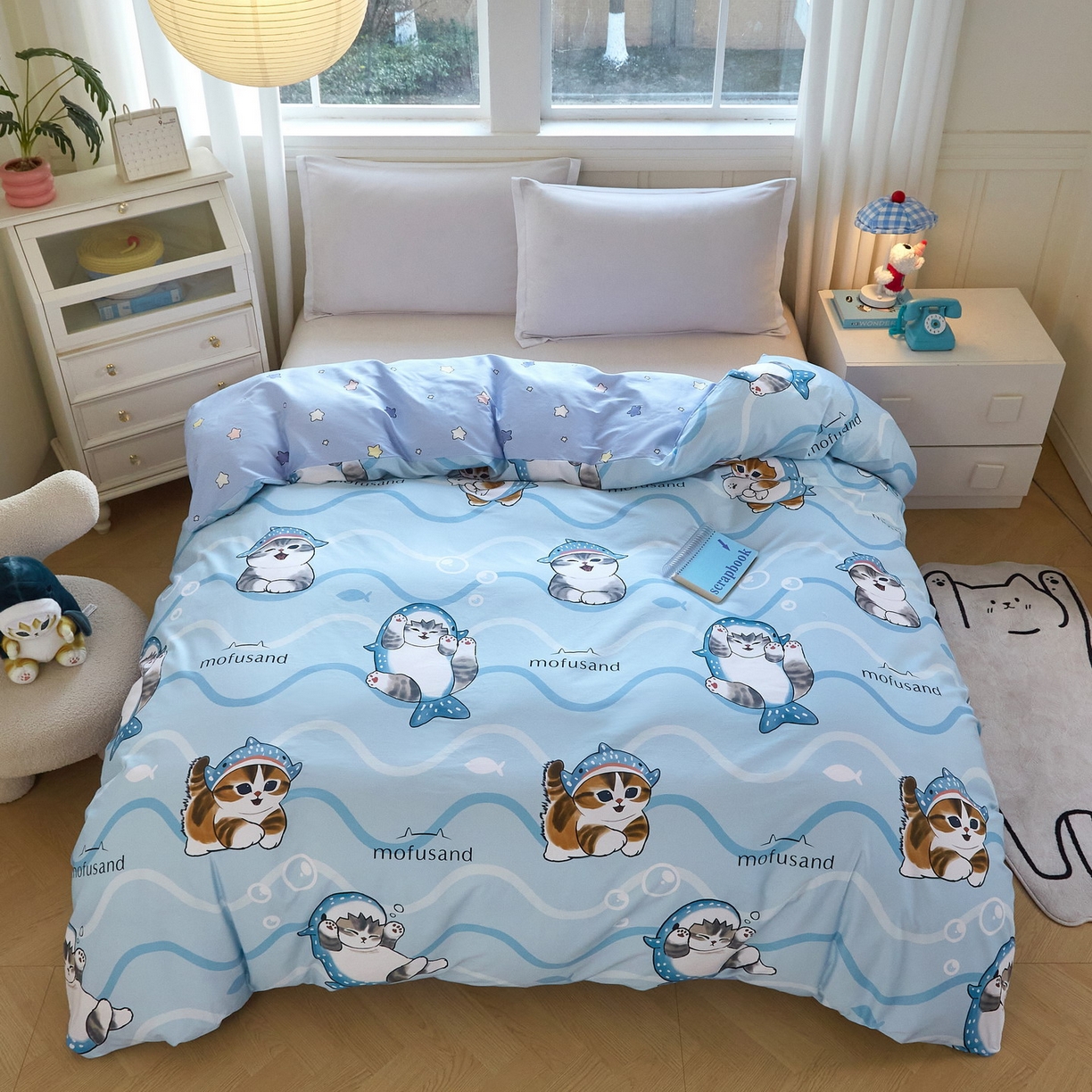 91家纺网 家纺一手货源 找家纺 （总）蘭菲家纺 2026新款全棉大版鲨鱼猫套件-猫福系列单被套