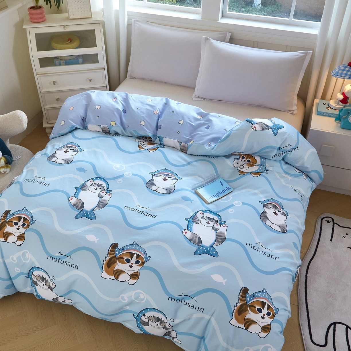 91家纺网 家纺一手货源 找家纺 （总）蘭菲家纺 2026新款全棉大版鲨鱼猫套件-猫福系列单被套