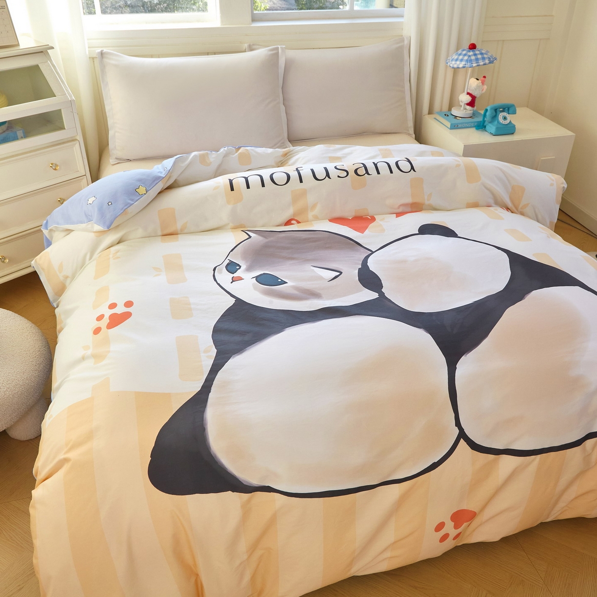 91家纺网 家纺一手货源 找家纺 蘭菲家纺 2026新款全棉大版鲨鱼猫套件-猫福系列单被套 珊迪熊-猫福系列