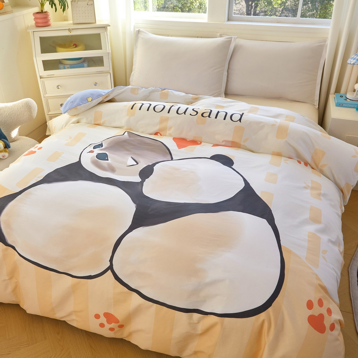 91家纺网 家纺一手货源 找家纺 蘭菲家纺 2026新款全棉大版鲨鱼猫套件-猫福系列单被套 珊迪熊-猫福系列