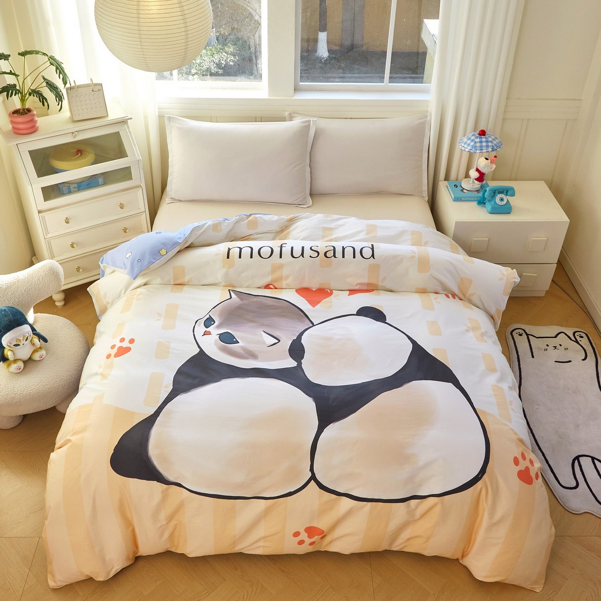蘭菲家纺 2026新款全棉大版鲨鱼猫套件-猫福系列单被套 珊迪熊-猫福系列