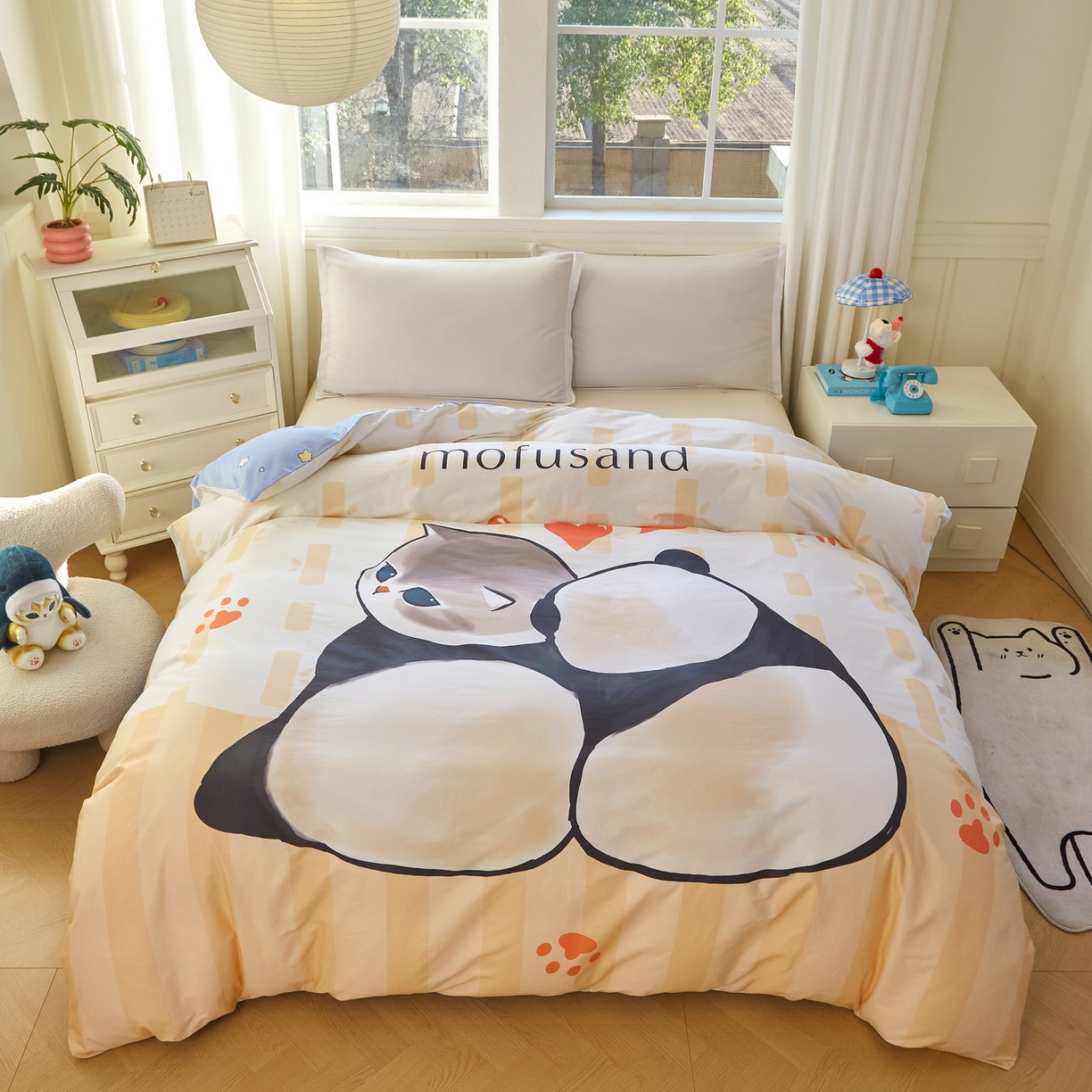 91家纺网 家纺一手货源 找家纺 蘭菲家纺 2026新款全棉大版鲨鱼猫套件-猫福系列单被套 珊迪熊-猫福系列