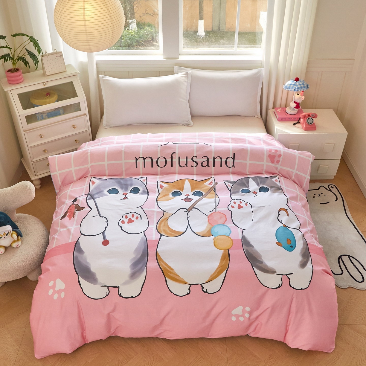 91家纺网 家纺一手货源 找家纺 蘭菲家纺 2026新款全棉大版鲨鱼猫套件-猫福系列单被套 珊迪逛街-猫福系列