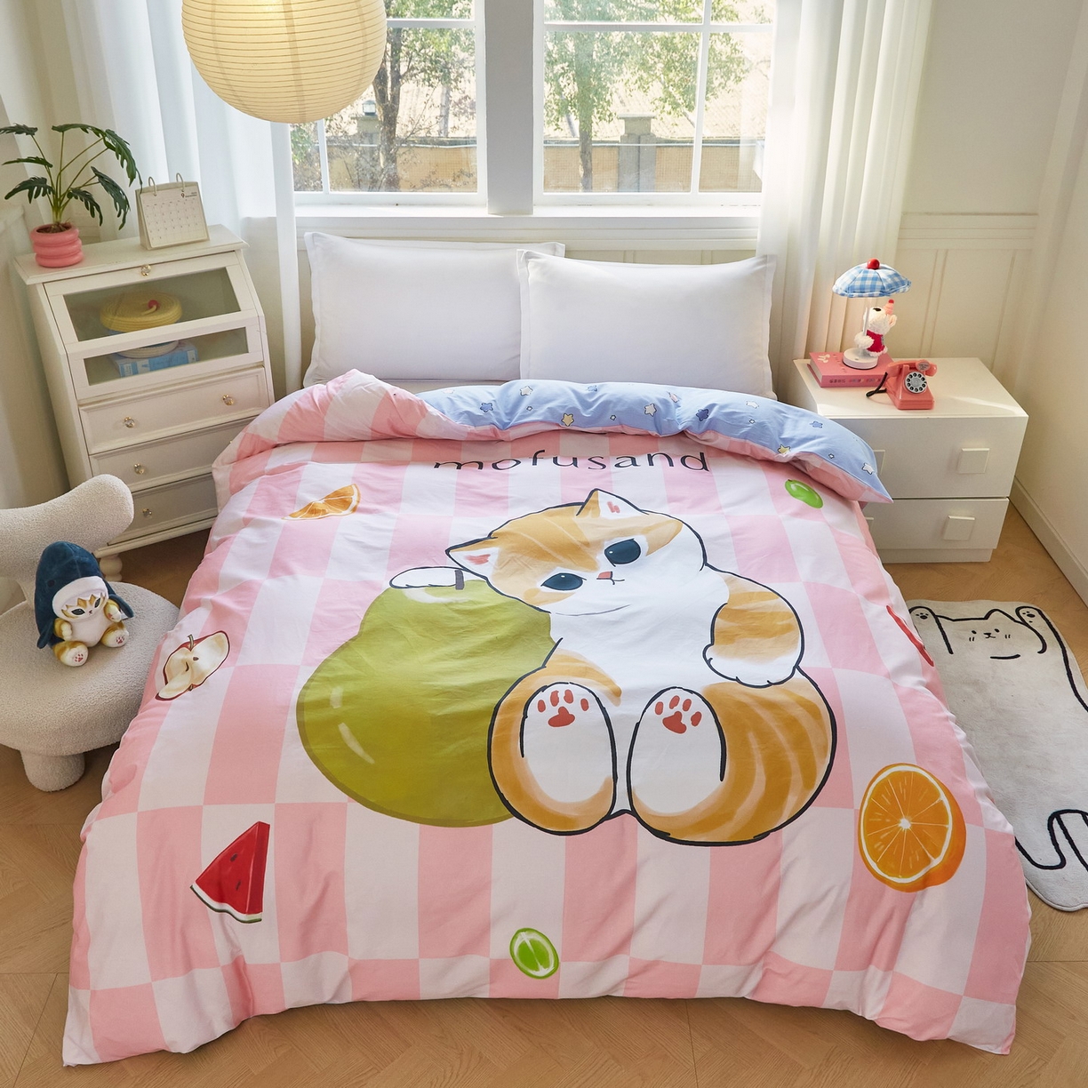 蘭菲家纺 2026新款全棉大版鲨鱼猫套件-猫福系列单被套 水果珊迪-猫福.系列