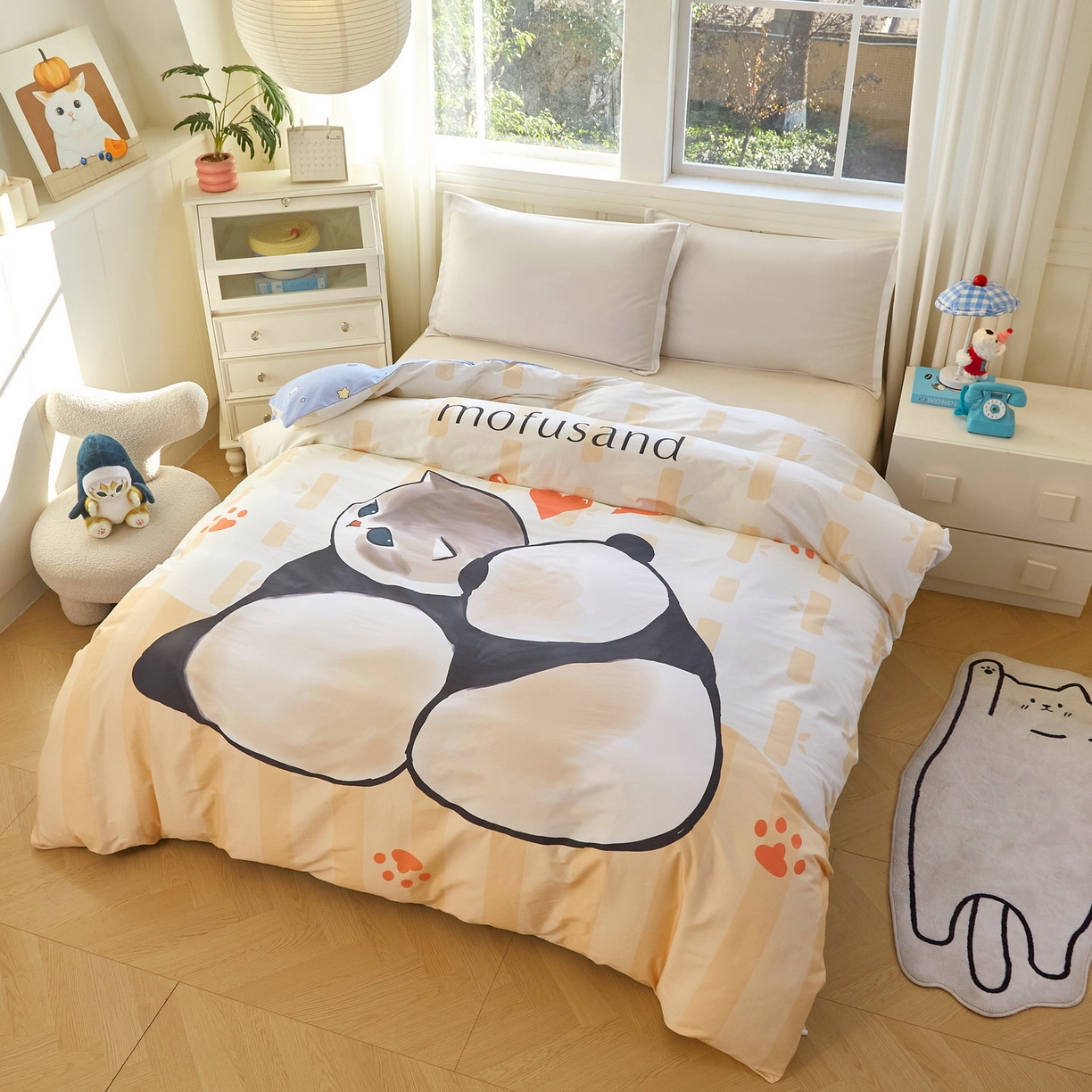 91家纺网 家纺一手货源 找家纺 蘭菲家纺 2026新款全棉大版鲨鱼猫套件-猫福系列单被套 珊迪熊-猫福系列