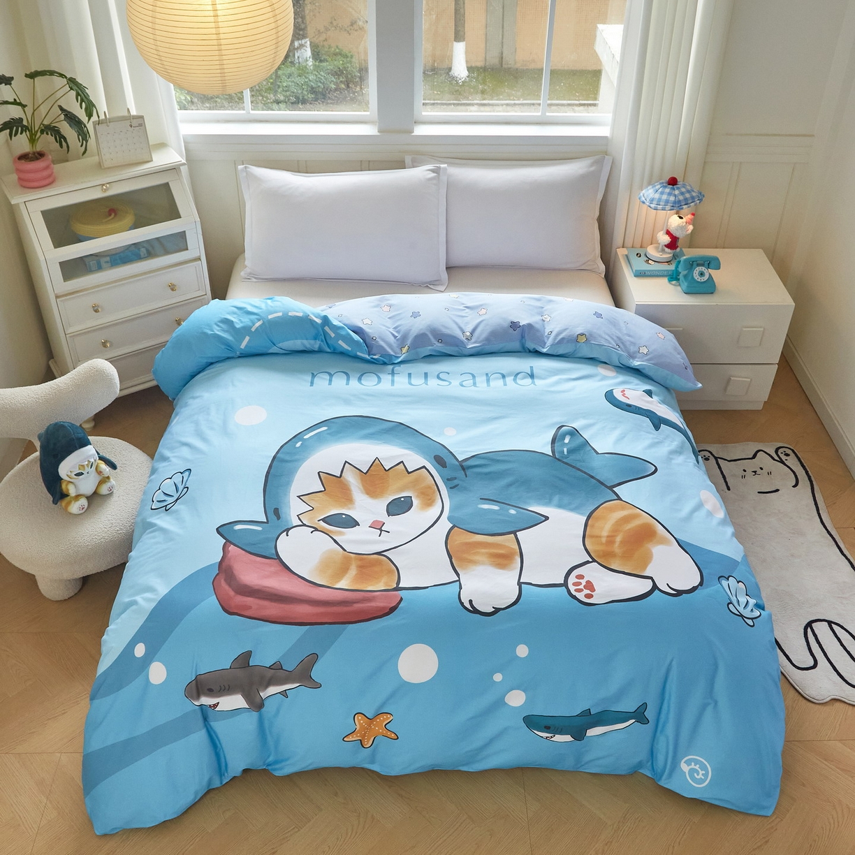 91家纺网 家纺一手货源 找家纺 蘭菲家纺 2026新款全棉大版鲨鱼猫套件-猫福系列单被套 珊迪沙滩季-猫福系列