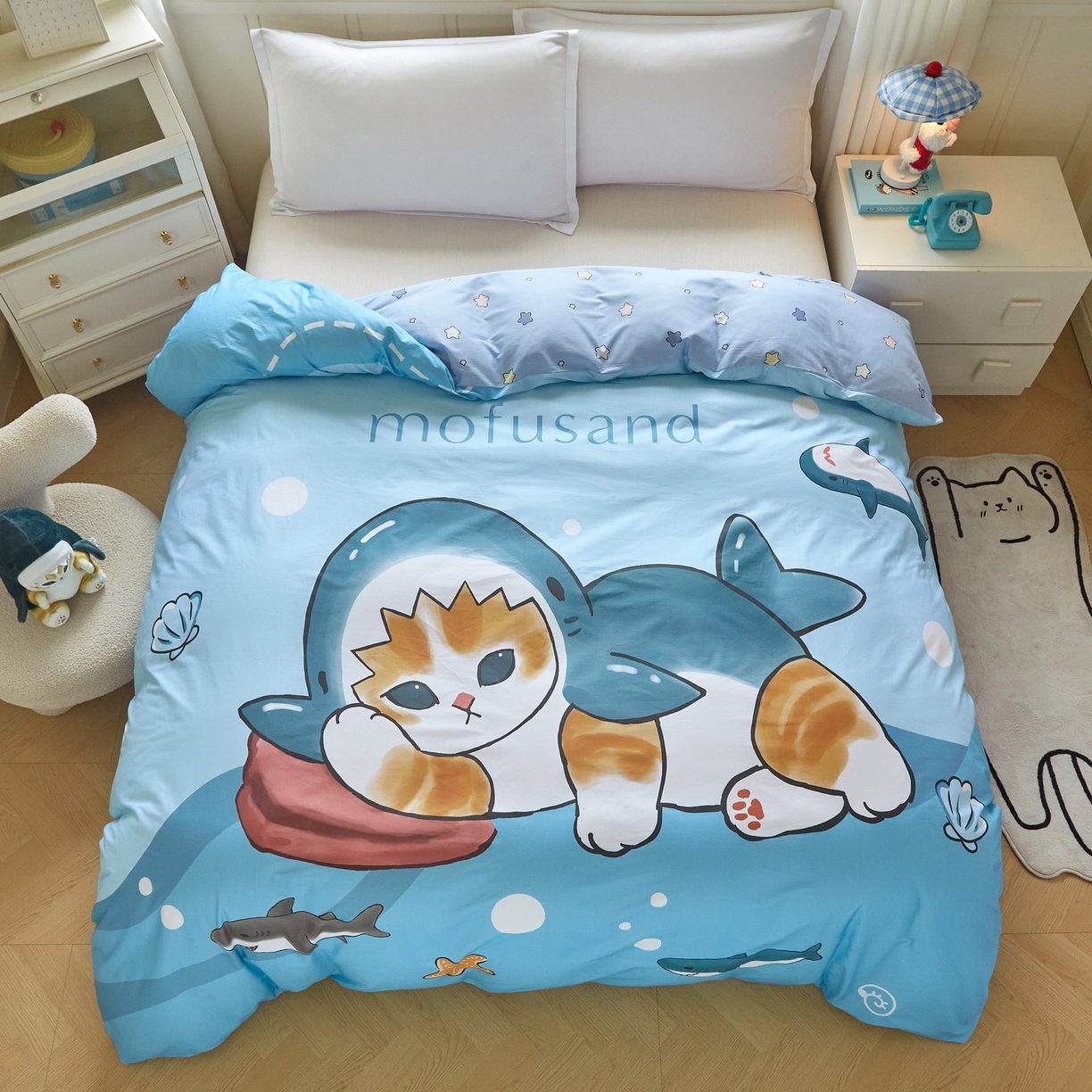 91家纺网 家纺一手货源 找家纺 蘭菲家纺 2026新款全棉大版鲨鱼猫套件-猫福系列单被套 珊迪沙滩季-猫福系列