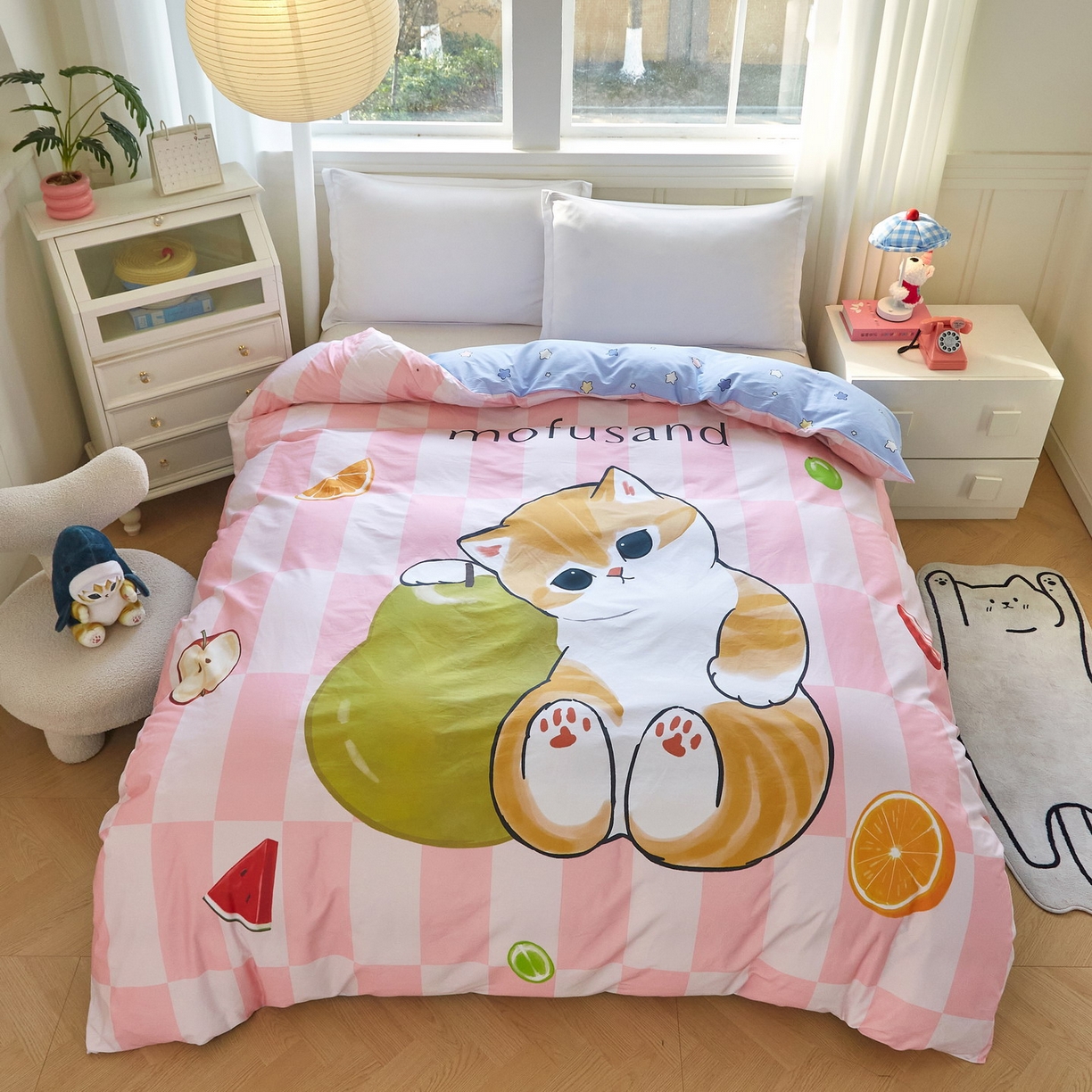 91家纺网 家纺一手货源 找家纺 蘭菲家纺 2026新款全棉大版鲨鱼猫套件-猫福系列单被套 水果珊迪-猫福.系列
