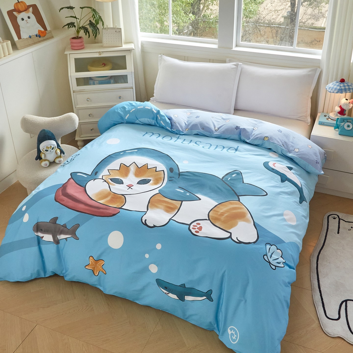 91家纺网 家纺一手货源 找家纺 蘭菲家纺 2026新款全棉大版鲨鱼猫套件-猫福系列单被套 珊迪沙滩季-猫福系列