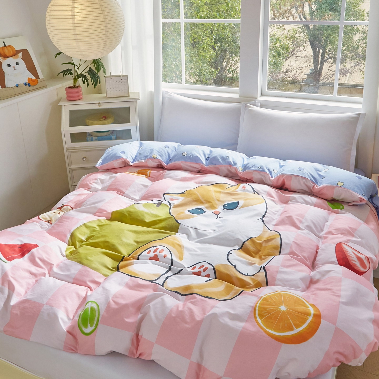 91家纺网 家纺一手货源 找家纺 蘭菲家纺 2026新款全棉大版鲨鱼猫套件-猫福系列单被套 水果珊迪-猫福.系列