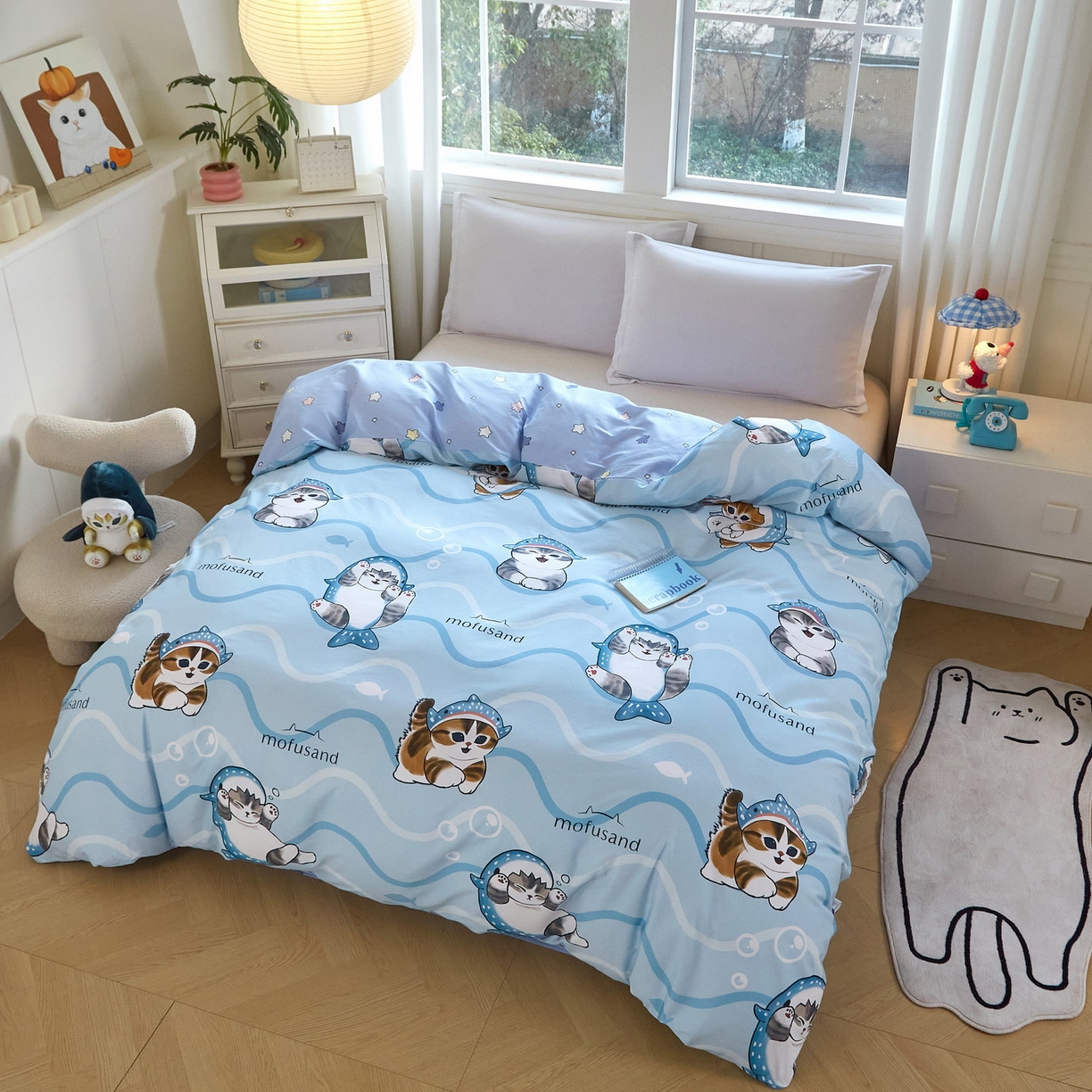 91家纺网 家纺一手货源 找家纺 蘭菲家纺 2026新款全棉大版鲨鱼猫套件-猫福系列单被套 珊迪出海-猫福系列