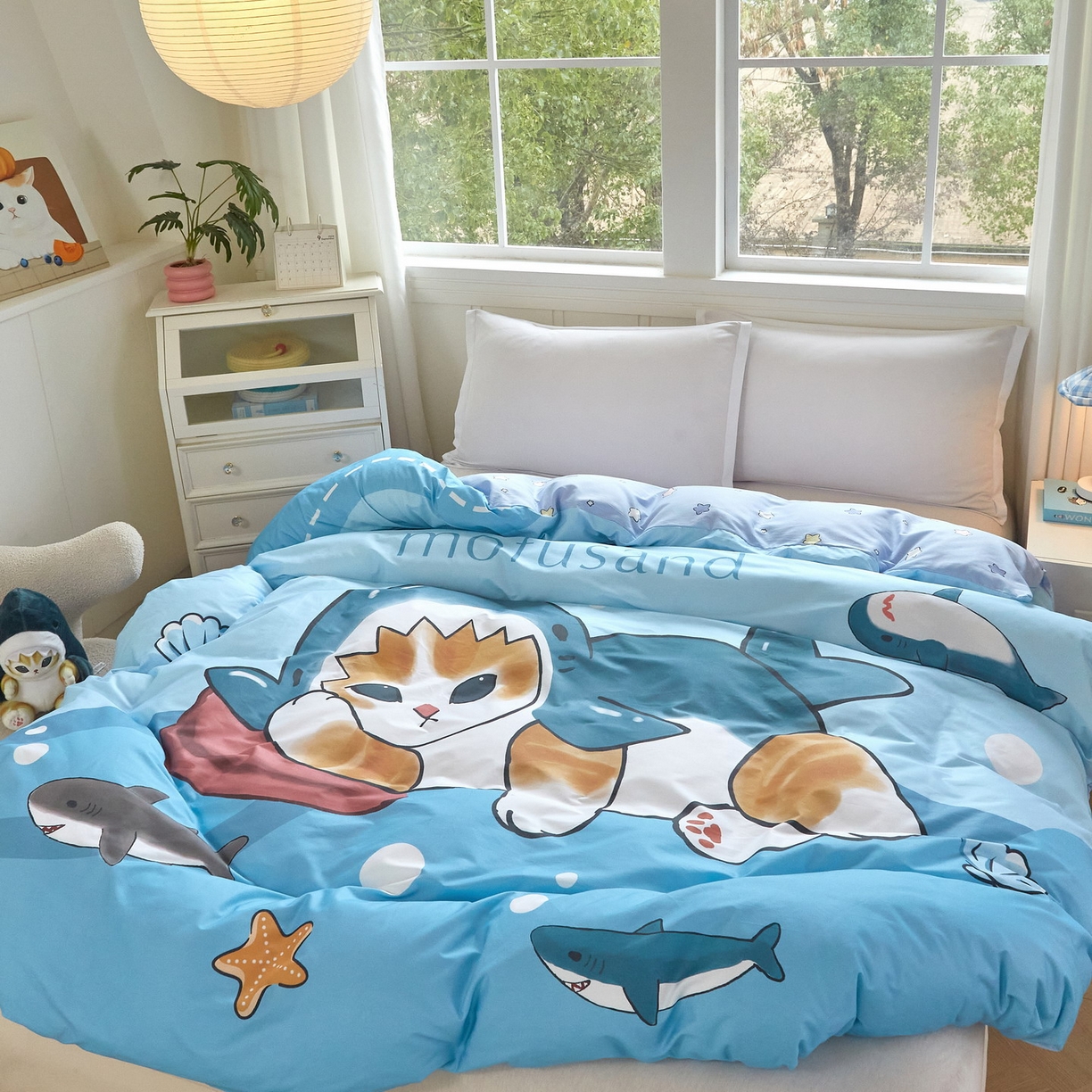 91家纺网 家纺一手货源 找家纺 蘭菲家纺 2026新款全棉大版鲨鱼猫套件-猫福系列单被套 珊迪沙滩季-猫福系列