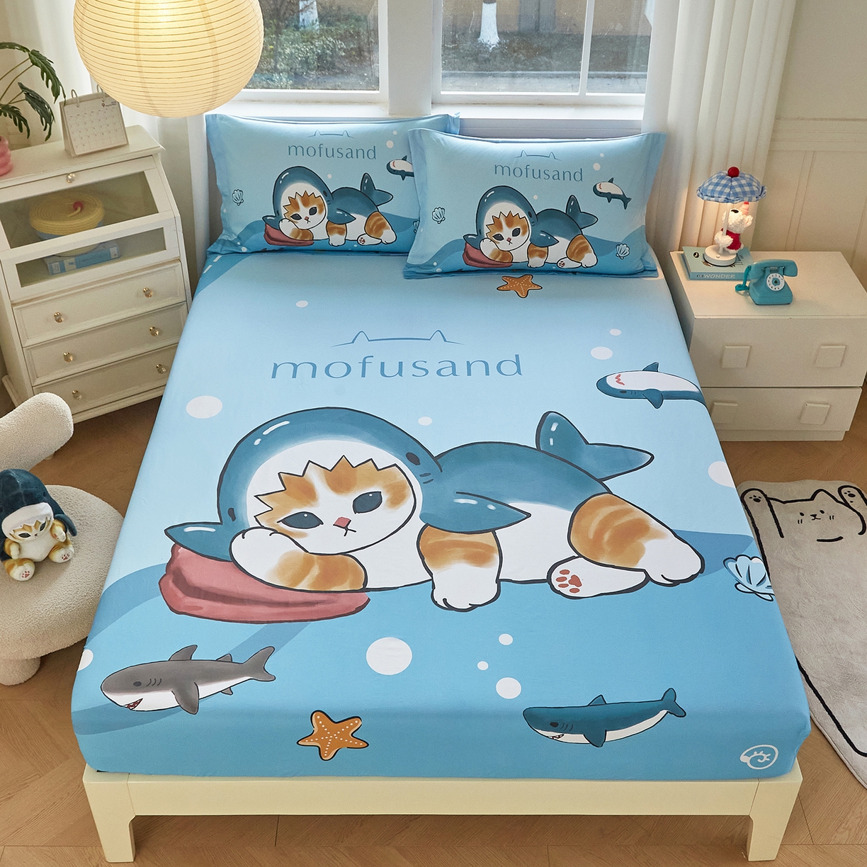 91家纺网 家纺一手货源 找家纺 （总）蘭菲家纺 2026新款全棉大版鲨鱼猫套件-猫福系列单床笠