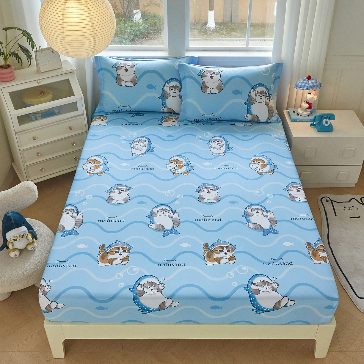 91家纺网 家纺一手货源 找家纺 （总）蘭菲家纺 2026新款全棉大版鲨鱼猫套件-猫福系列单床笠