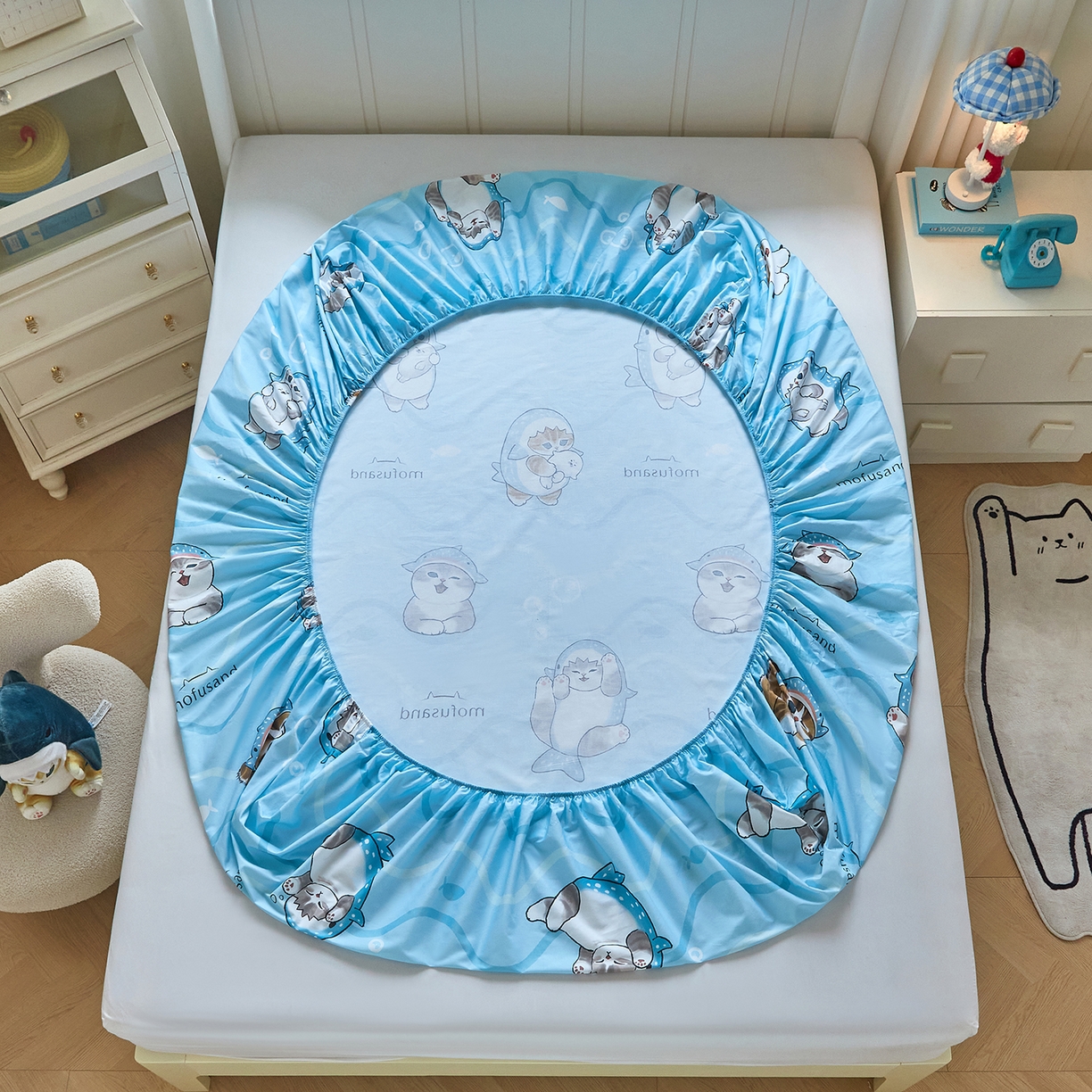 91家纺网 家纺一手货源 找家纺 （总）蘭菲家纺 2026新款全棉大版鲨鱼猫套件-猫福系列单床笠