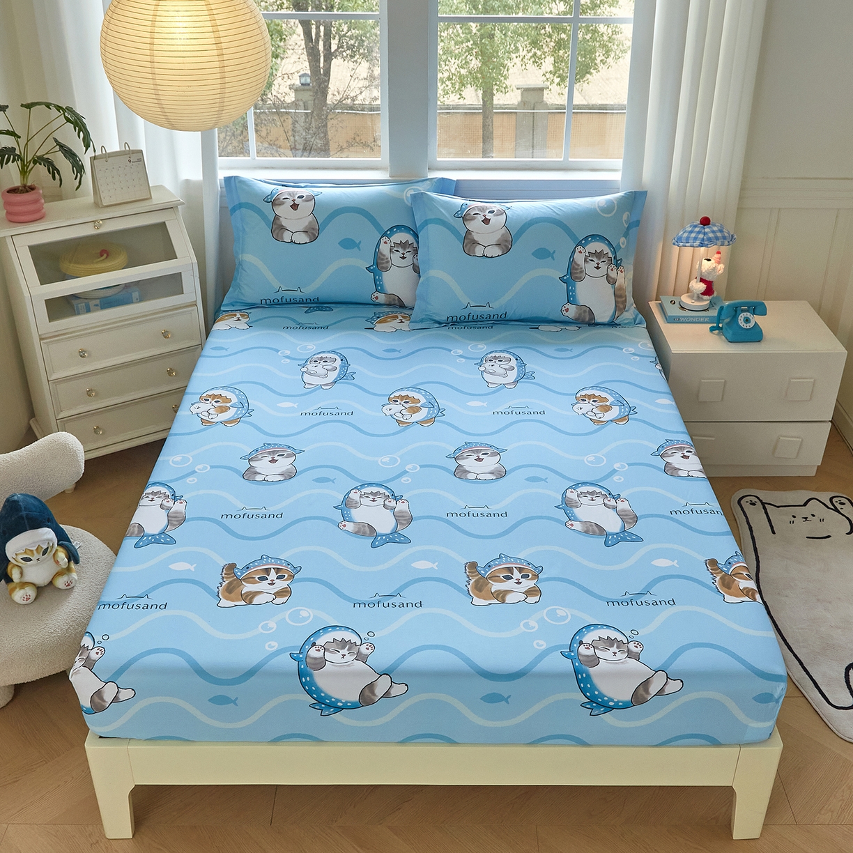 91家纺网 家纺一手货源 找家纺 （总）蘭菲家纺 2026新款全棉大版鲨鱼猫套件-猫福系列单床笠