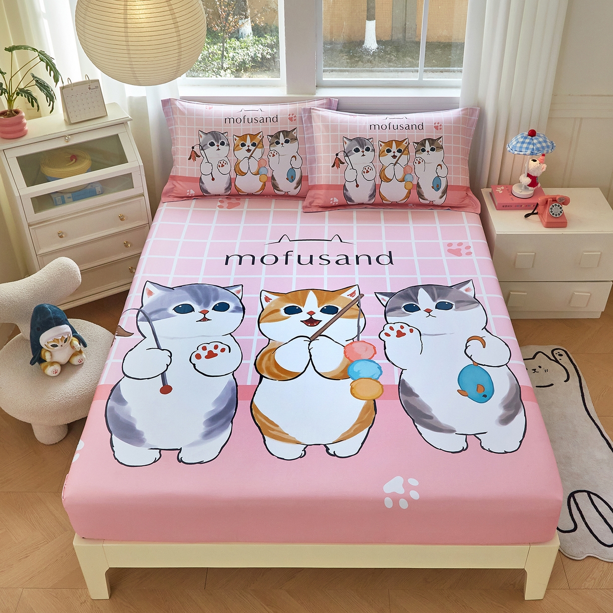 蘭菲家纺 2026新款全棉大版鲨鱼猫套件-猫福系列单床笠 珊迪逛街