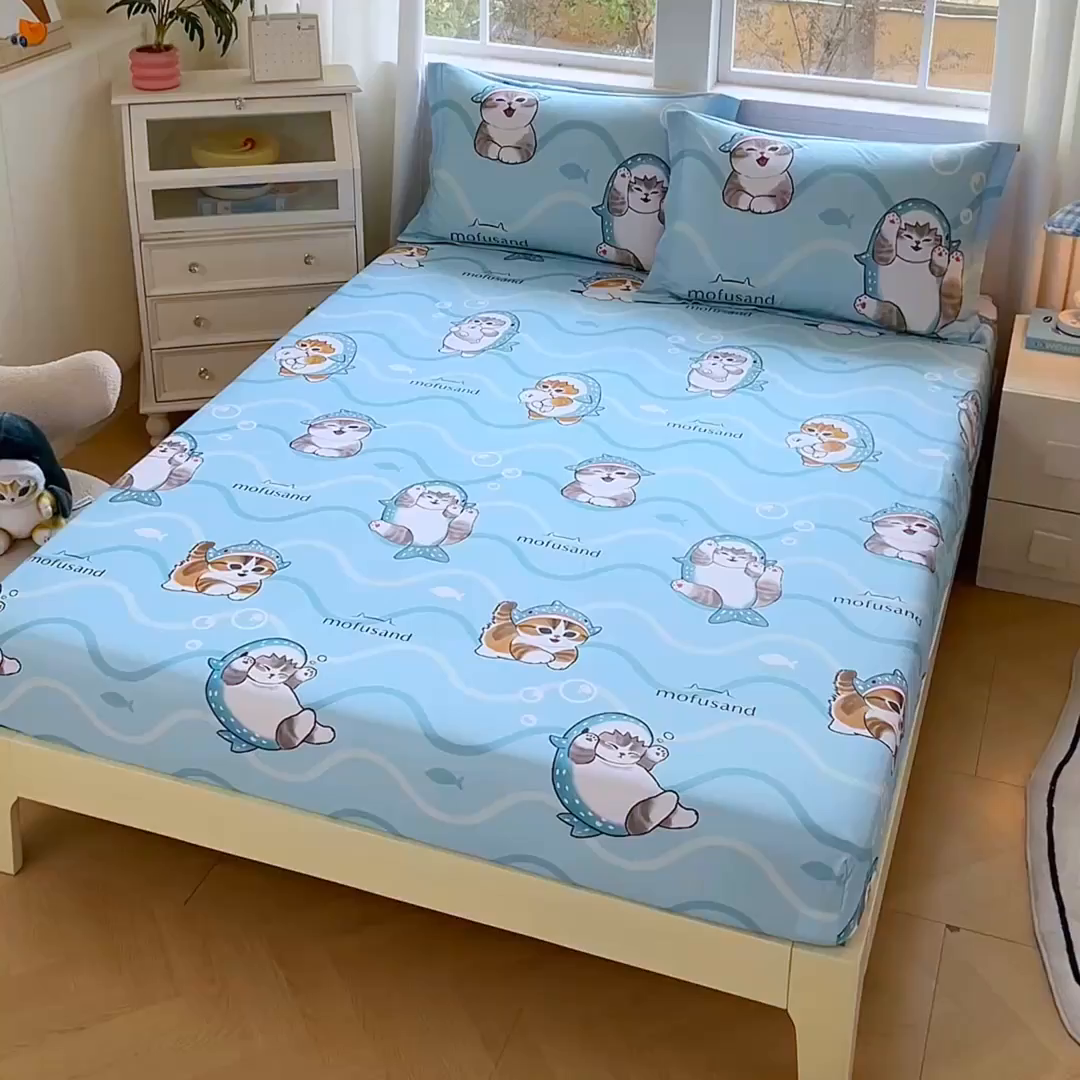 91家纺网 家纺一手货源 找家纺 （总）蘭菲家纺 2026新款全棉大版鲨鱼猫套件-猫福系列单床笠