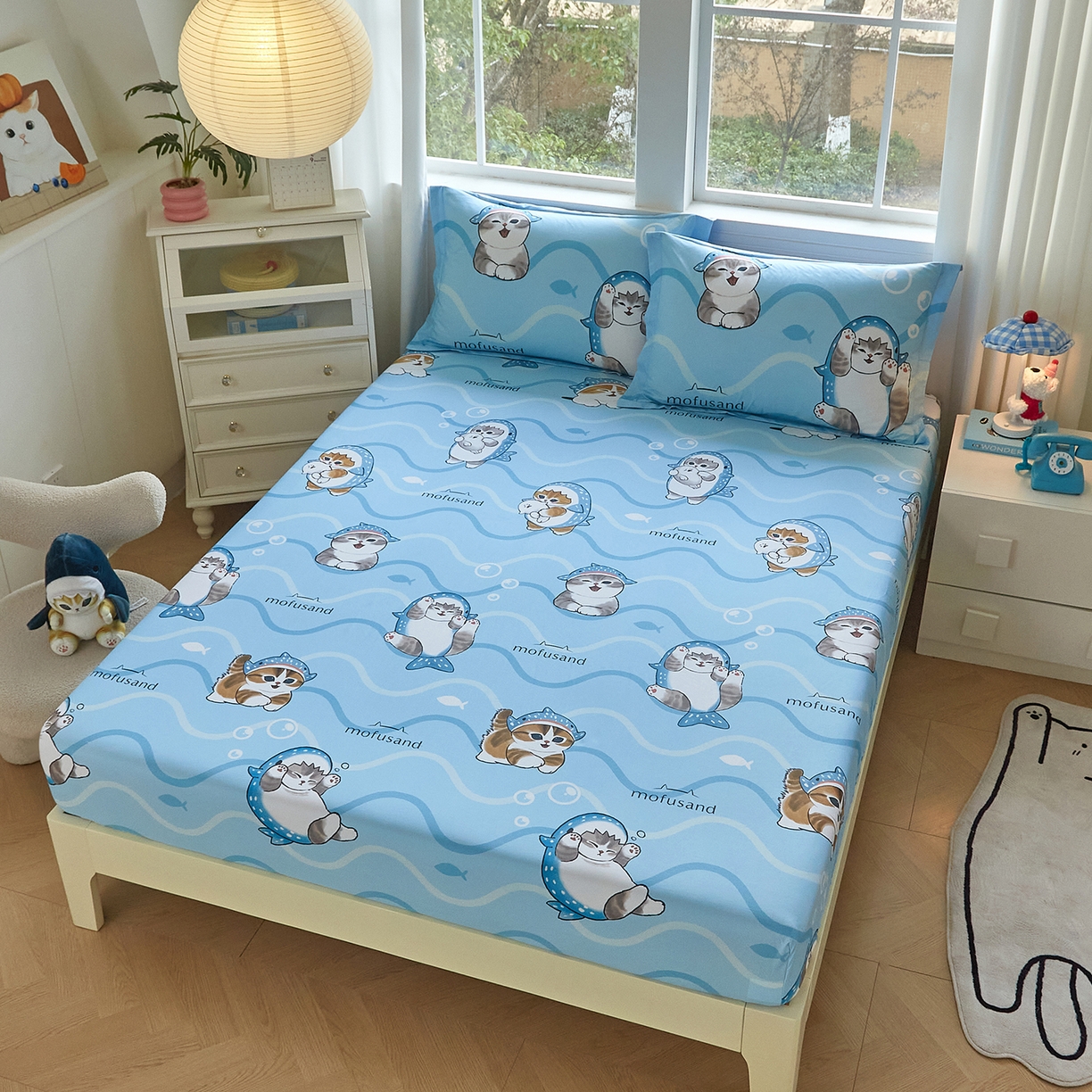 91家纺网 家纺一手货源 找家纺 （总）蘭菲家纺 2026新款全棉大版鲨鱼猫套件-猫福系列单床笠