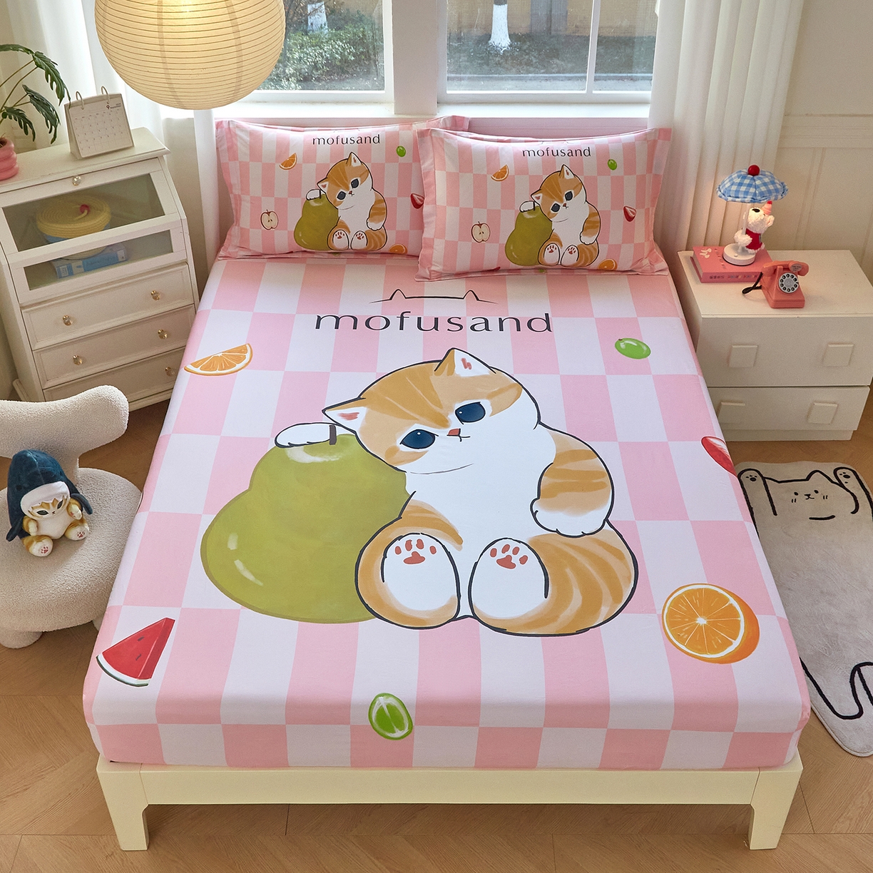 蘭菲家纺 2026新款全棉大版鲨鱼猫套件-猫福系列单床笠 水果珊迪