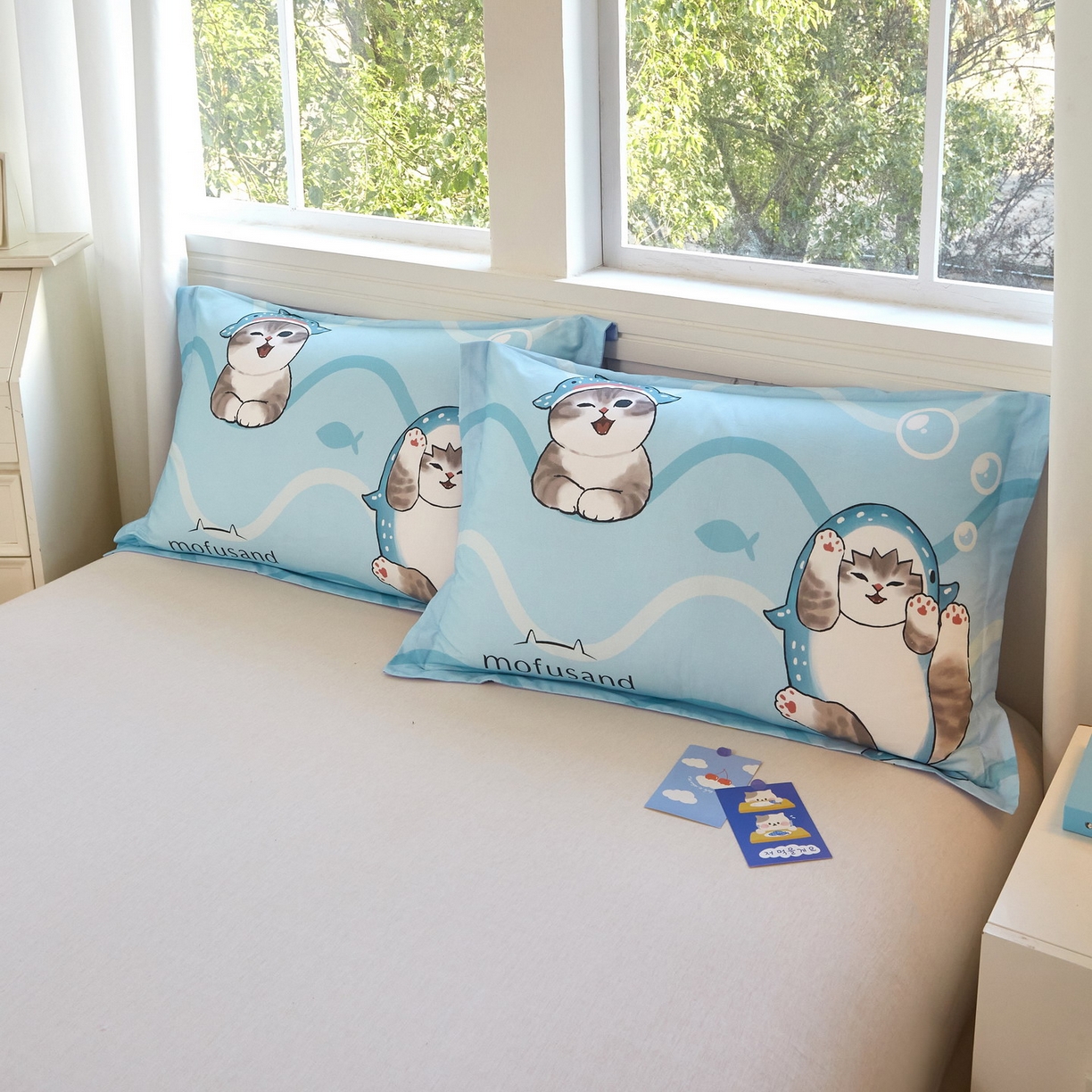 91家纺网 家纺一手货源 找家纺 （总）蘭菲家纺 2026新款全棉大版鲨鱼猫套件-猫福系列单枕套