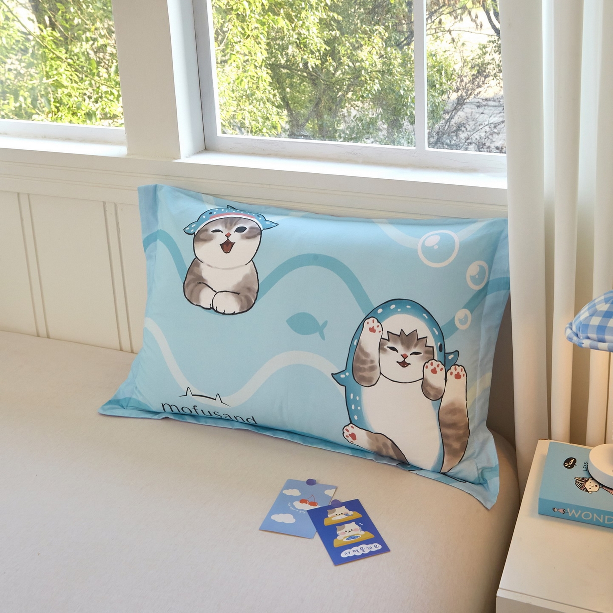 91家纺网 家纺一手货源 找家纺 蘭菲家纺 2026新款全棉大版鲨鱼猫套件-猫福系列单枕套 珊迪出海-猫福系列