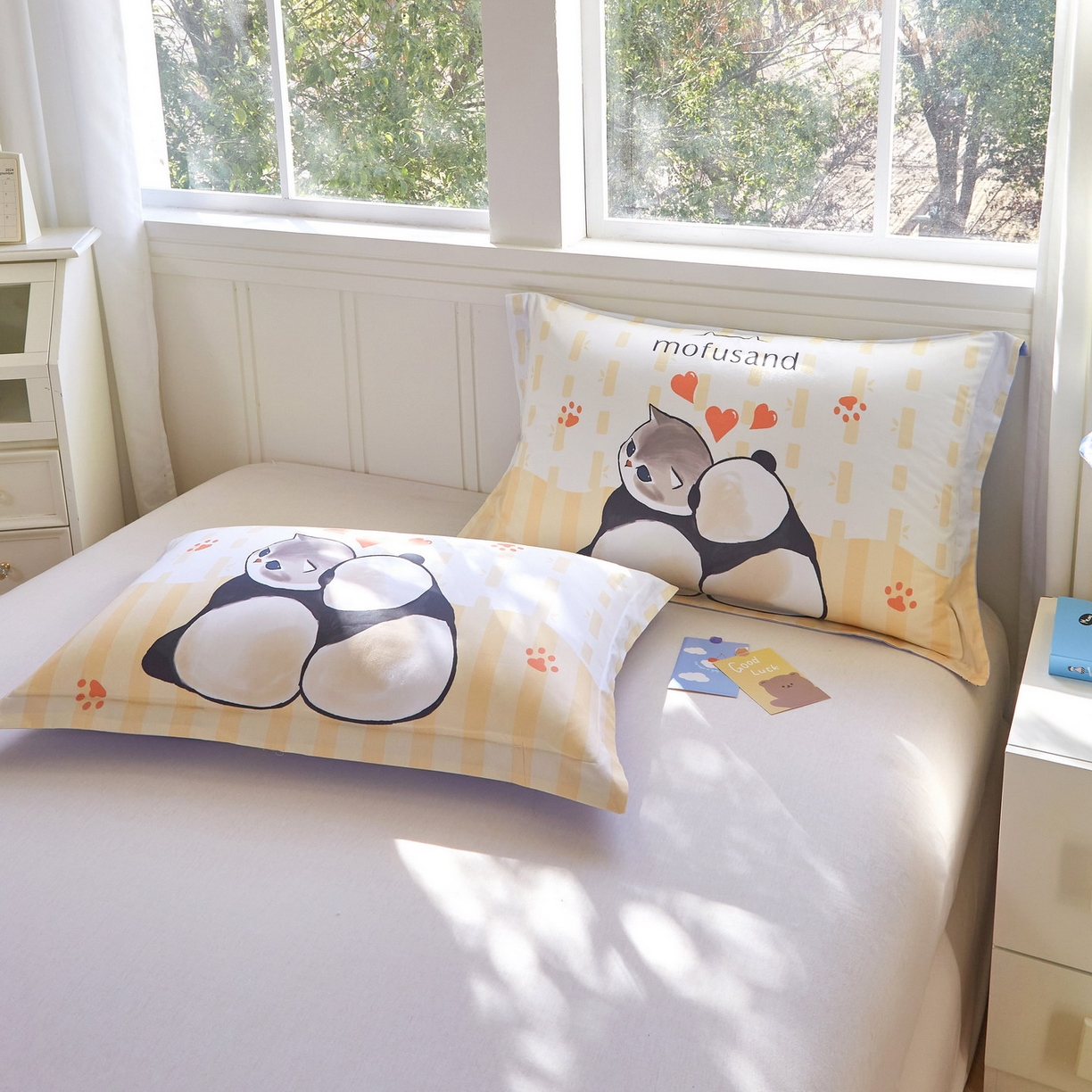 91家纺网 家纺一手货源 找家纺 蘭菲家纺 2026新款全棉大版鲨鱼猫套件-猫福系列单枕套 珊迪熊-猫福系列