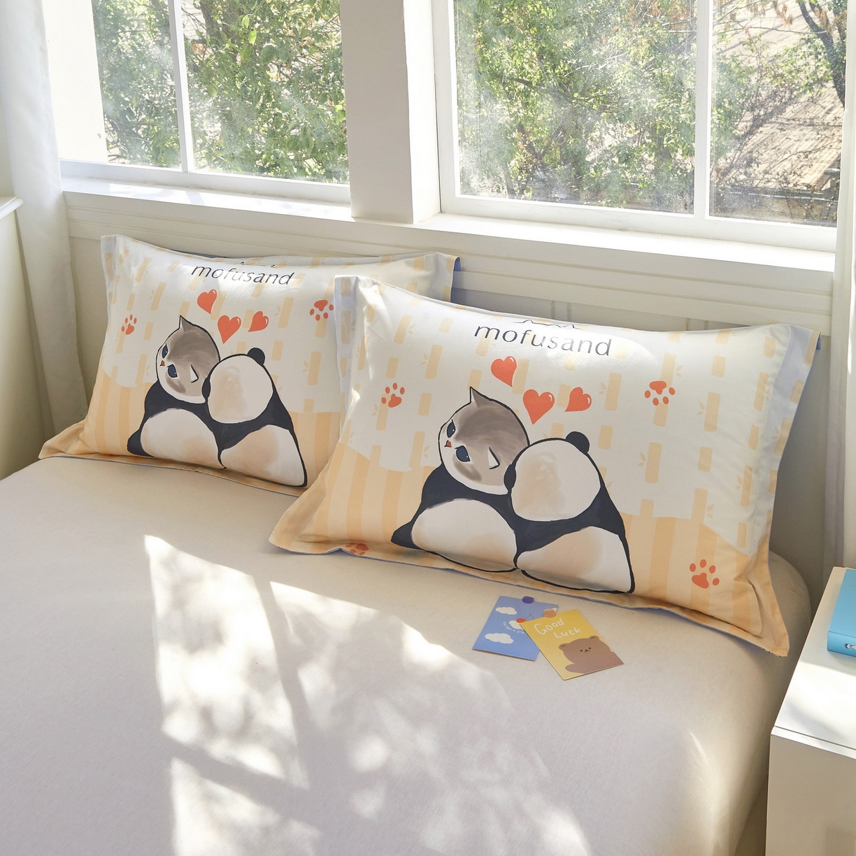 91家纺网 家纺一手货源 找家纺 蘭菲家纺 2026新款全棉大版鲨鱼猫套件-猫福系列单枕套 珊迪熊-猫福系列