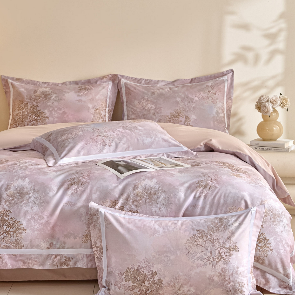 91家纺网 家纺一手货源 找家纺 新方向 【控价】2026新款数码印花50s双股全棉贡缎长绒棉四件套-盛世（严格控价 标准328元 加大348元） 盛世-蔷薇粉