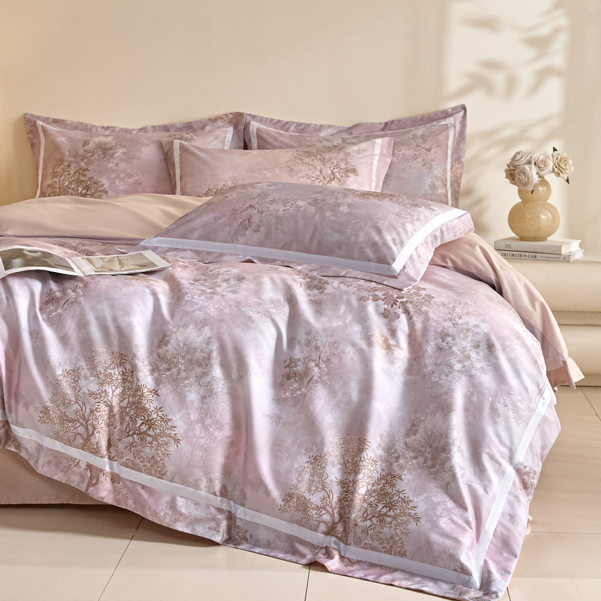 91家纺网 家纺一手货源 找家纺 新方向 【控价】2026新款数码印花50s双股全棉贡缎长绒棉四件套-盛世（严格控价 标准328元 加大348元） 盛世-蔷薇粉