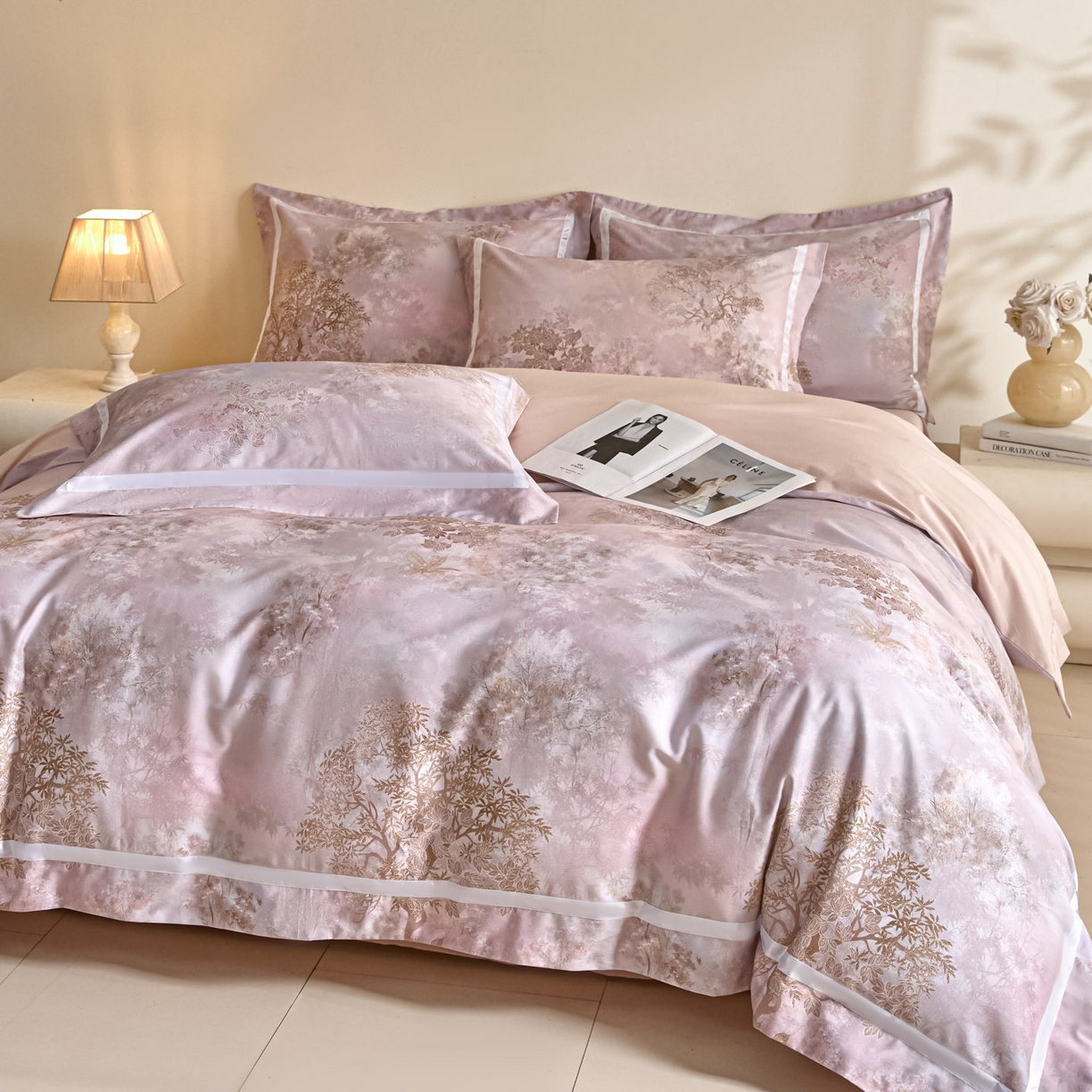 91家纺网 家纺一手货源 找家纺 新方向 【控价】2026新款数码印花50s双股全棉贡缎长绒棉四件套-盛世（严格控价 标准328元 加大348元） 盛世-蔷薇粉