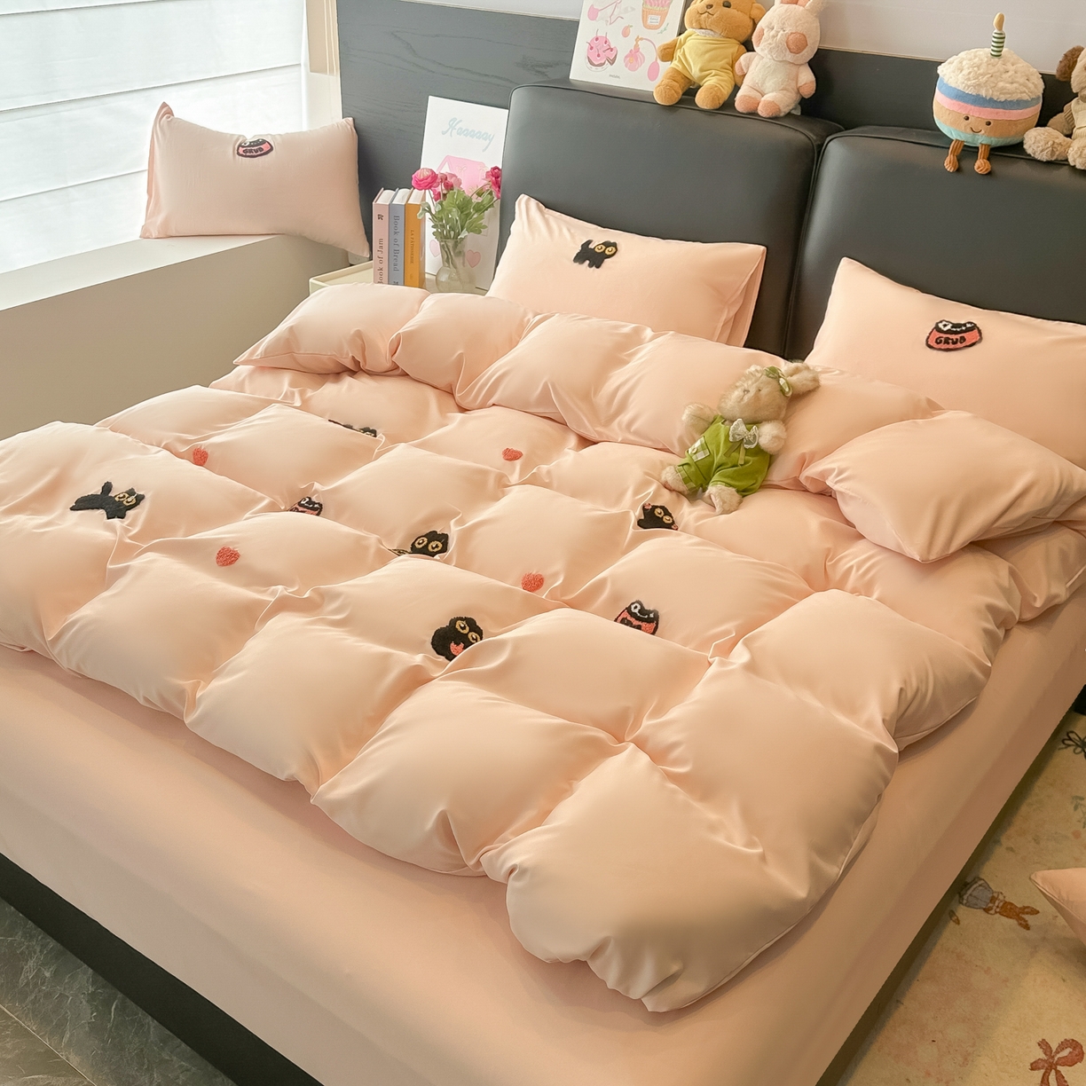 韩巢家纺 2026新款水洗棉毛巾绣四件套 幸运猫-浅粉