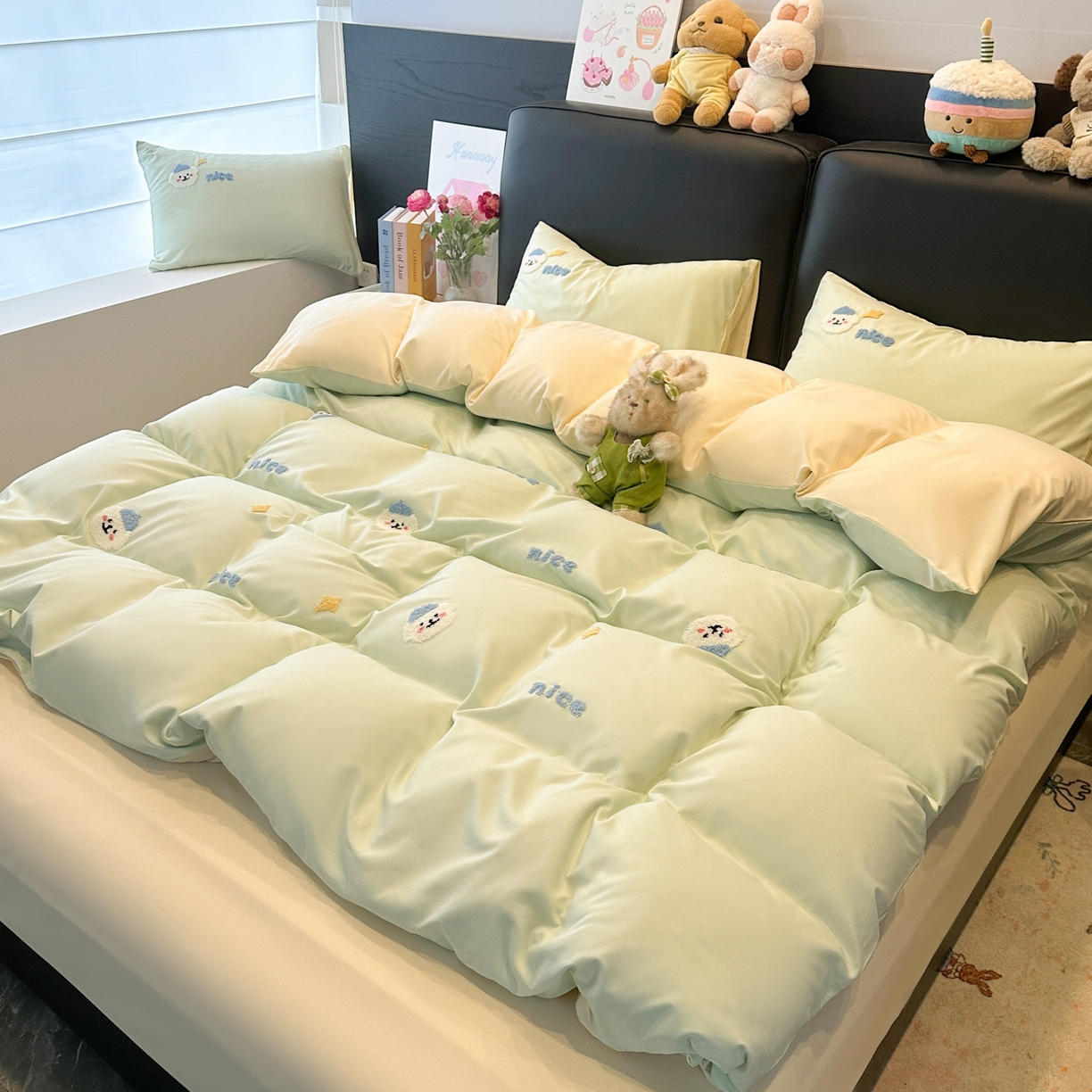 韩巢家纺 2026新款水洗棉毛巾绣四件套 哈哈狗-浅绿黄