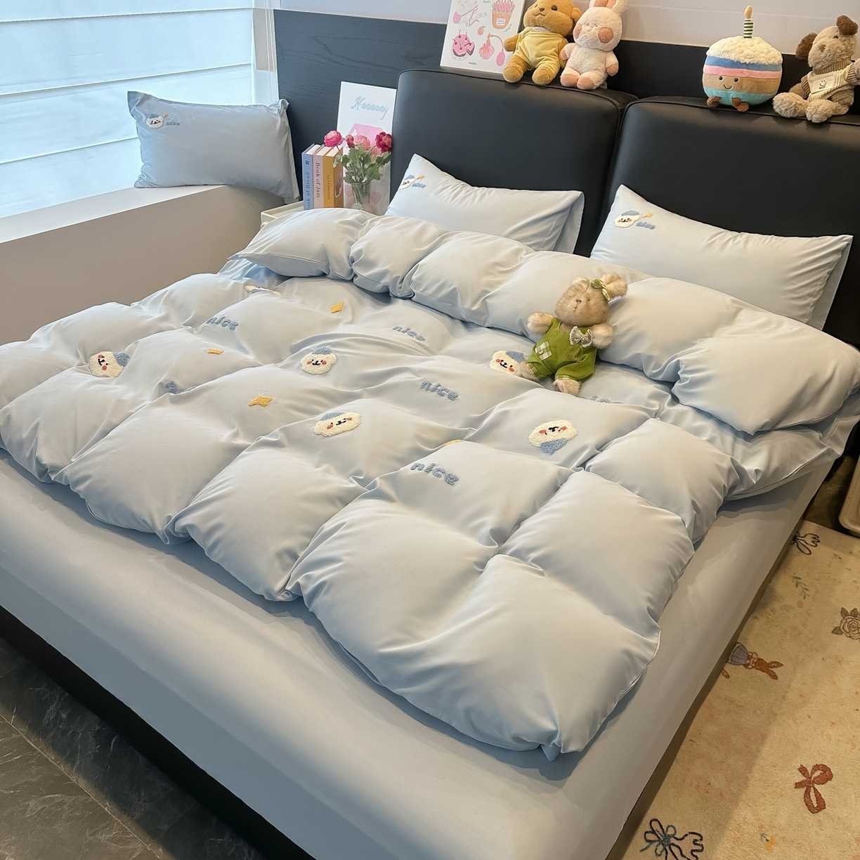 韩巢家纺 2026新款水洗棉毛巾绣四件套 哈哈狗-浅蓝