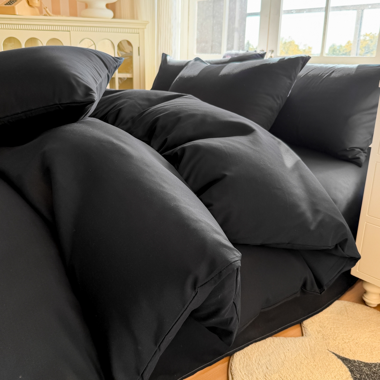 91家纺网 家纺一手货源 找家纺 赫然家纺 2026新款纯色磨毛系列床笠款四件套 纯黑色