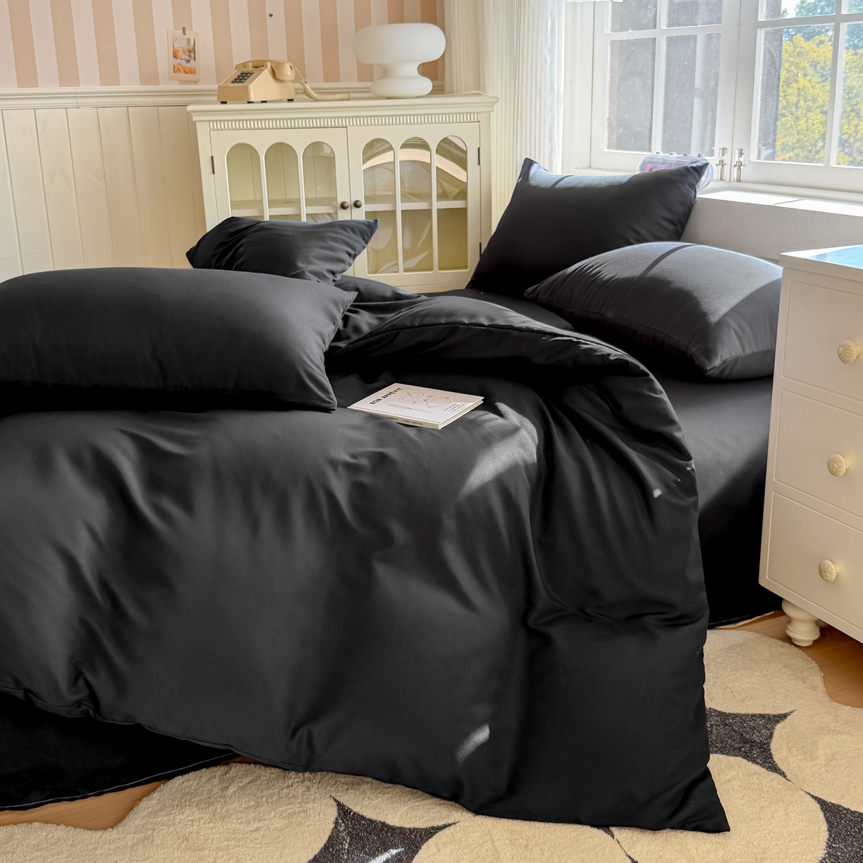 91家纺网 家纺一手货源 找家纺 赫然家纺 2026新款纯色磨毛系列床笠款四件套 纯黑色